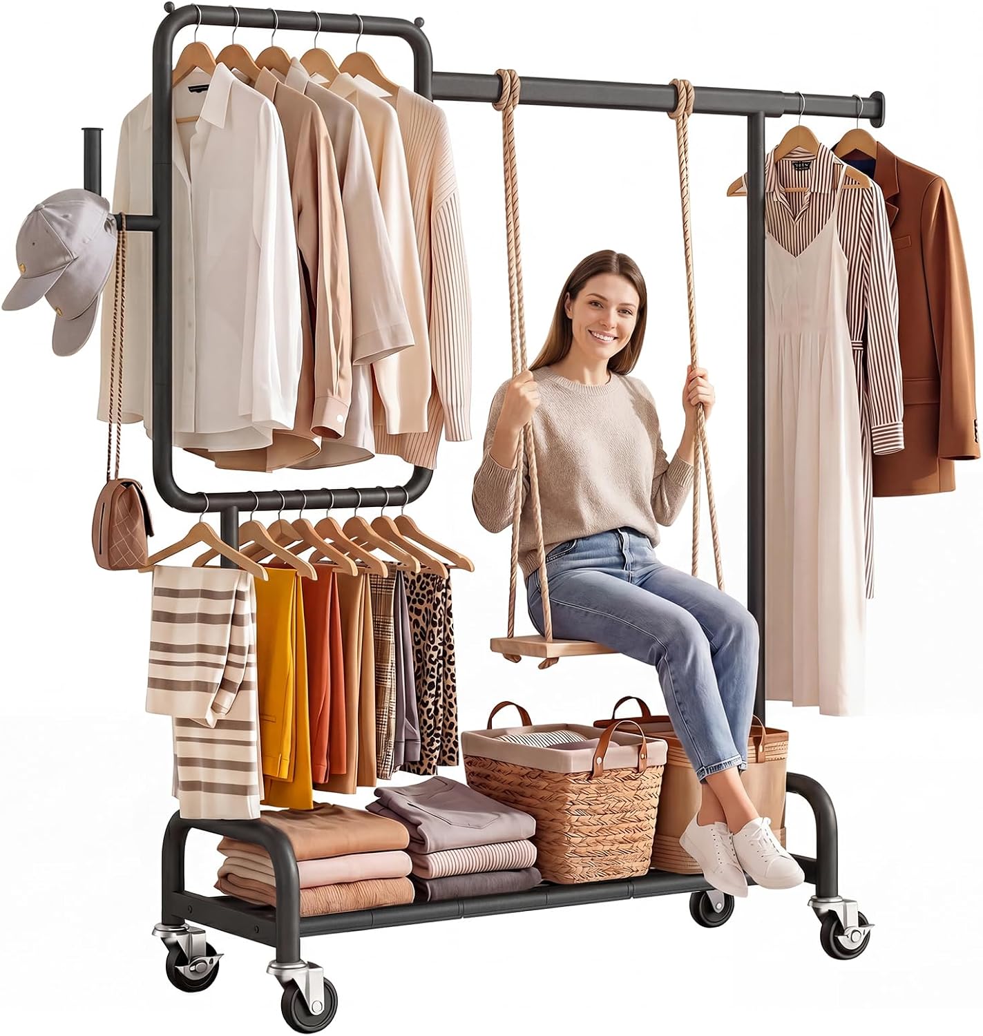 SOLEDI Partitioned Heavy Duty Clothes Rack, 600 LBS Rolling Garment Rack