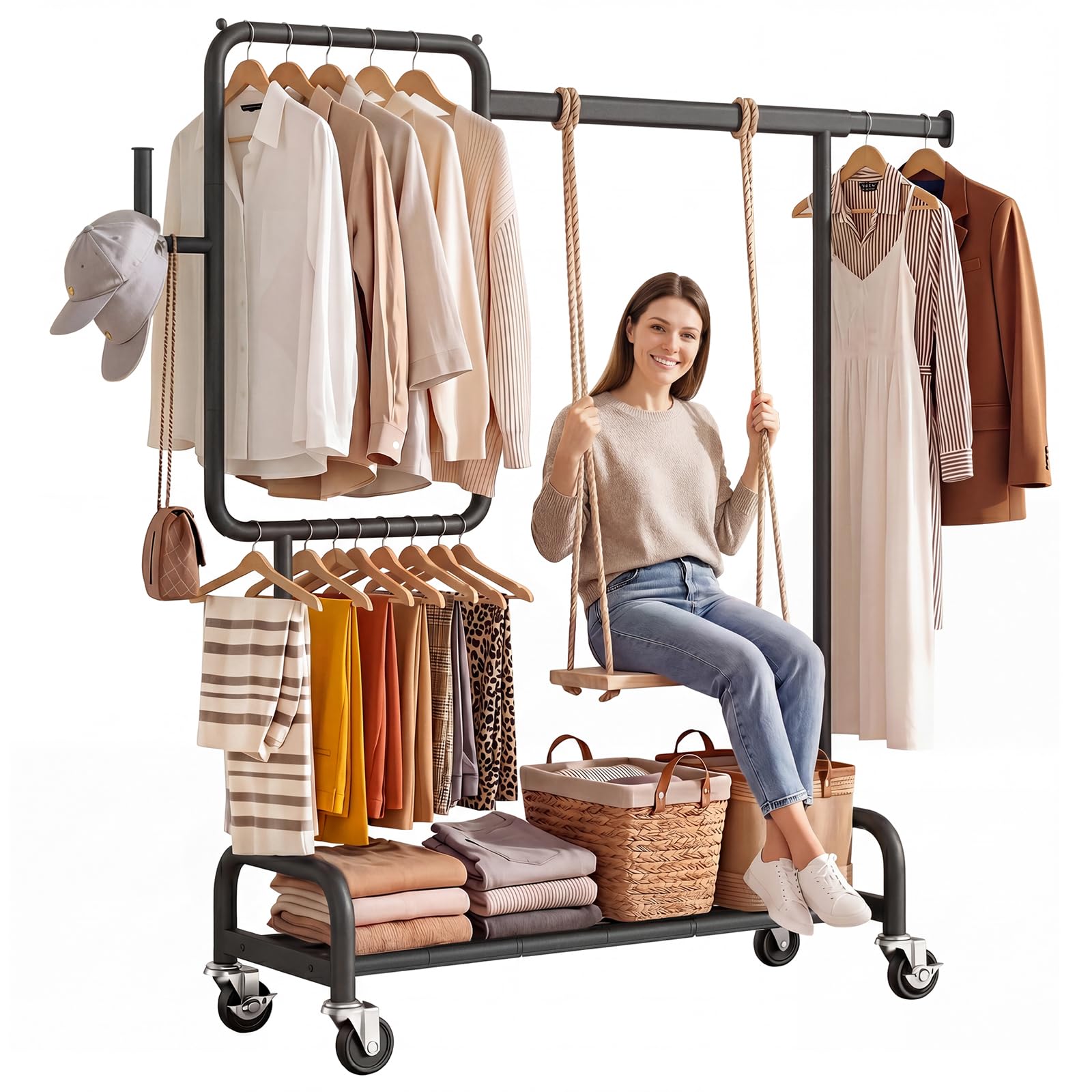 SOLEDI Robuste Kleiderstange, 200 kg, schwarzes Metallgestell mit unterteilter Kleiderstange, Schuhregal, Hutständer, tragbarer rollender Kleiderständer mit abschließbaren Rollen, stabiler