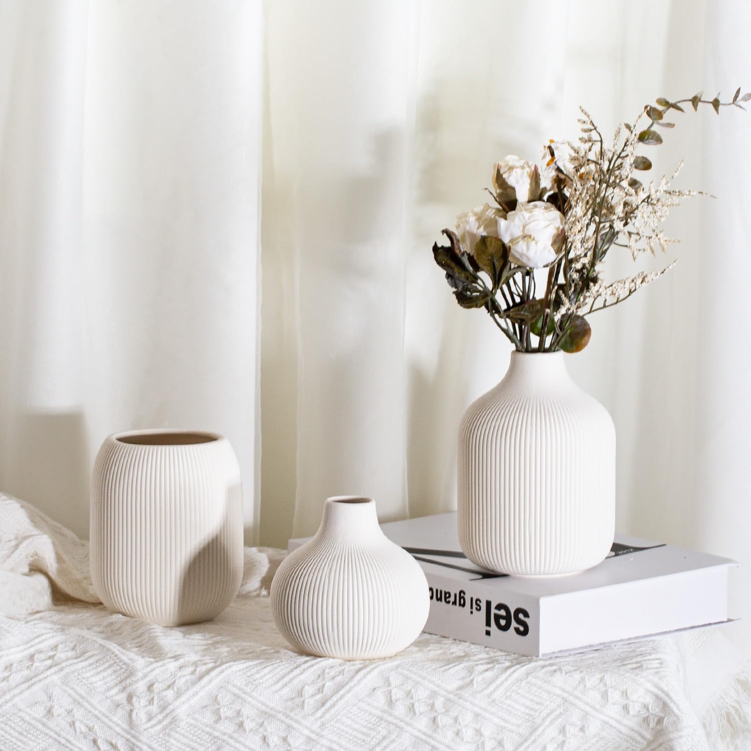 Dnnnii Modern White Ceramic Vase Set of 3 by Ribbed Texture, Perfect for Neutral & Transitional Home Decor - Image 3
