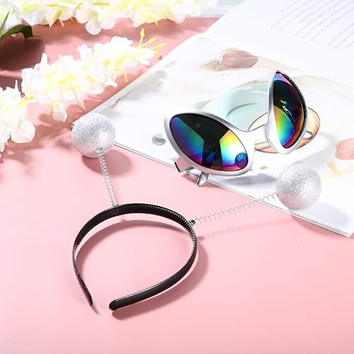 Miniatura 4 de 2 pares de anteojos de alienígena plateados con lente de color arcoíris y 2 piezas de diadema de antena marciana para adultos y niños, recuerdos de