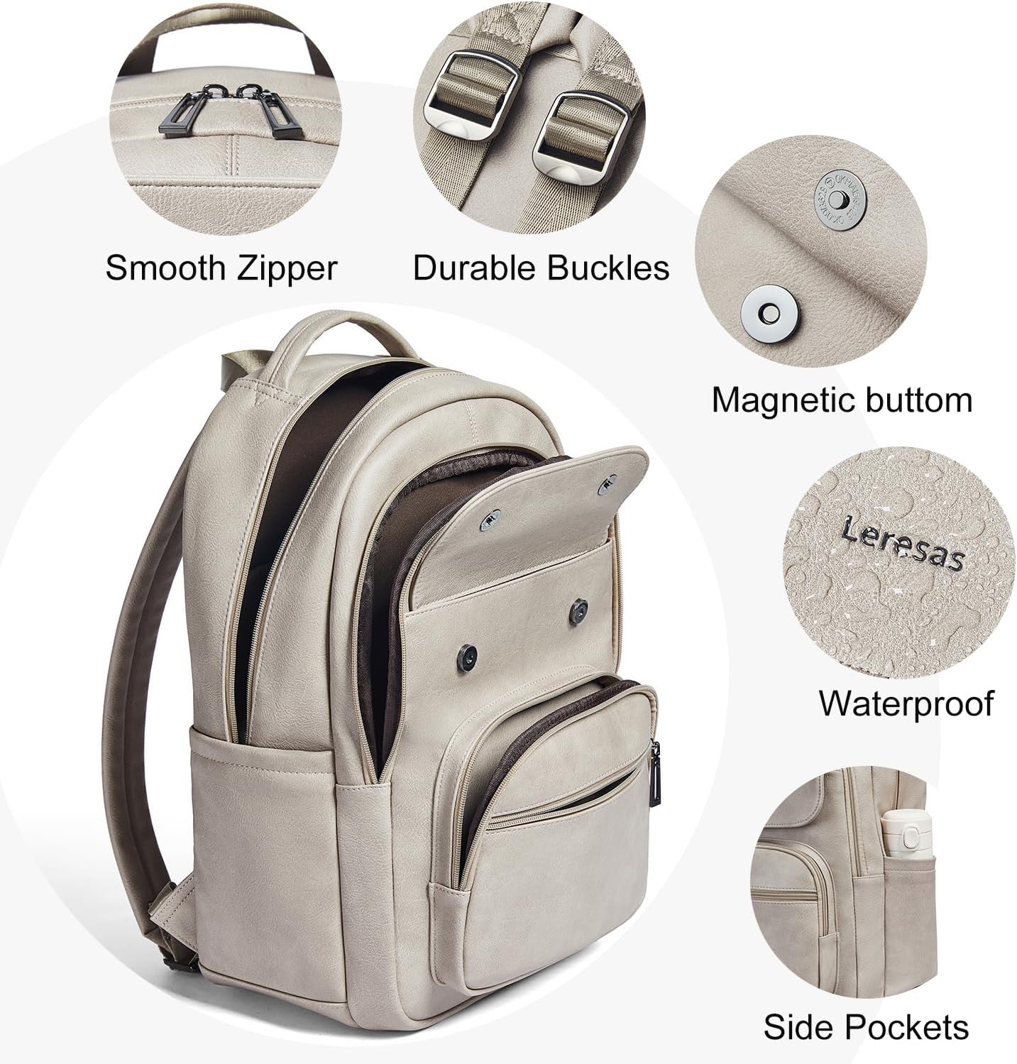 Leresas 37L Backpack Purse for Women Men Vegan Leather Teacher College Bag Daypack Work Business Back Pack Fashion Travel Back Pack Light Grey