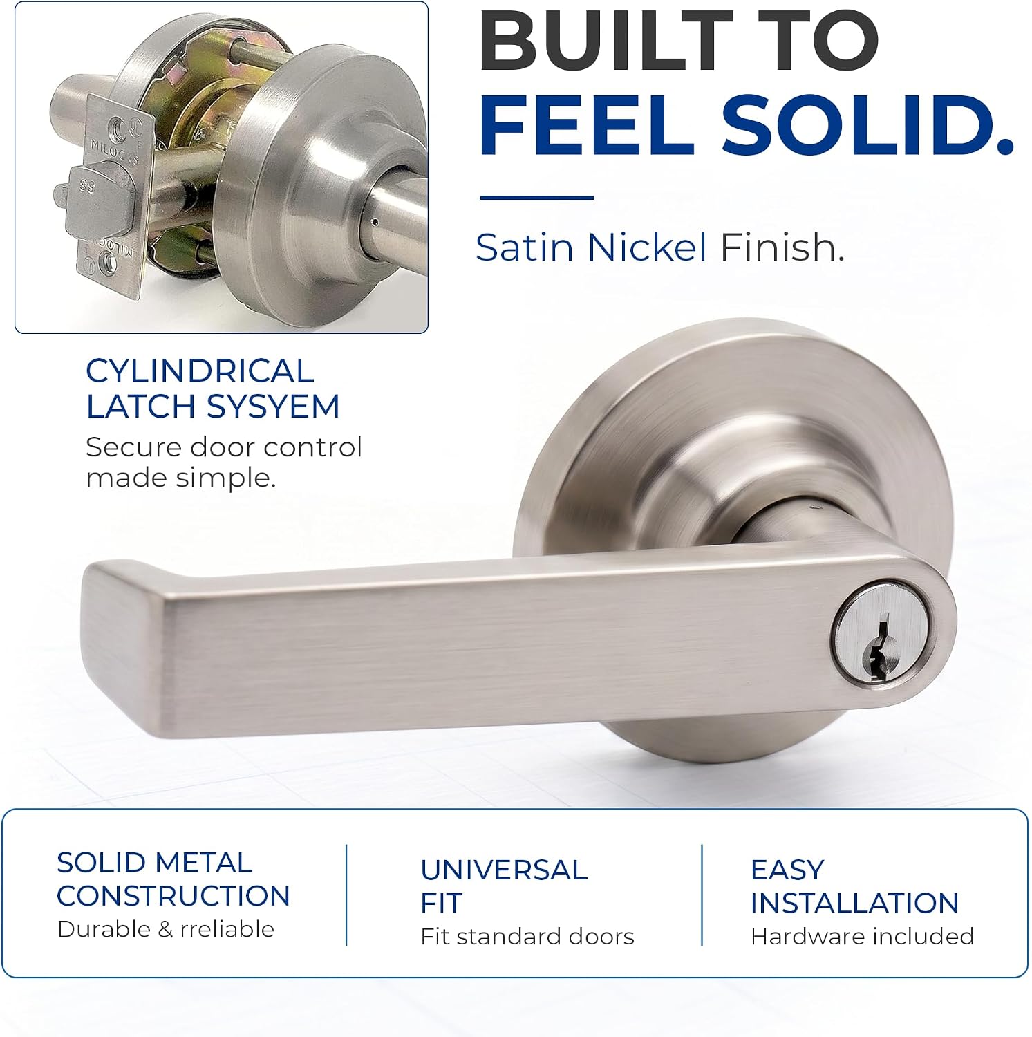 MiLocks Grade 1 Commercial Keyed Entry Lever, ADA UL Listed, Satin Nickel image 3