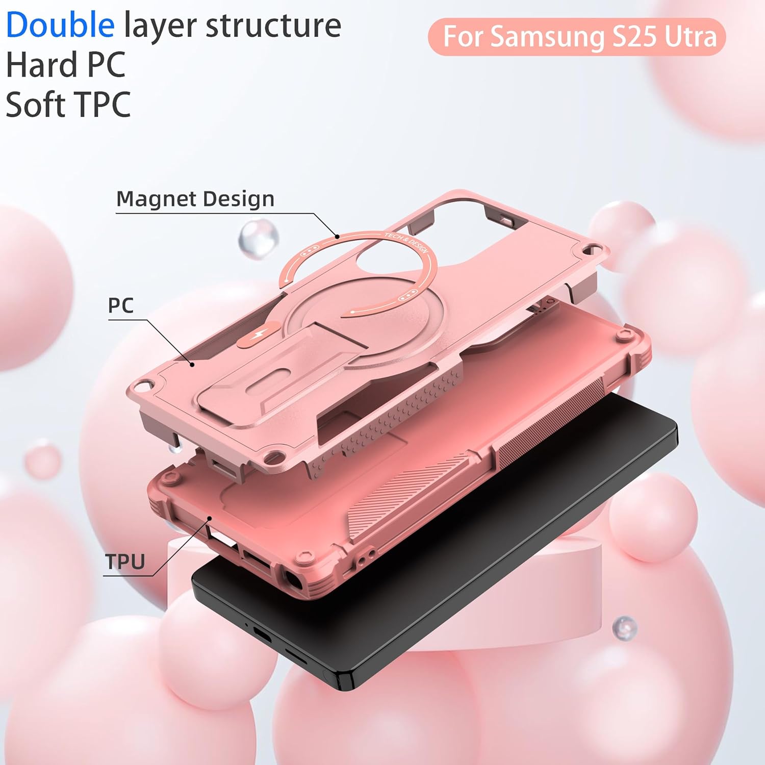 for Samsung Galaxy S25 Ultra case[Compatible with MagSafe][with 2 Pcs Fingerprint Unlock Glass Screen Protector][Built in Invisible Stand] Shockproof Protective Phone Cover 6.9-inch(Pink) - Image 6