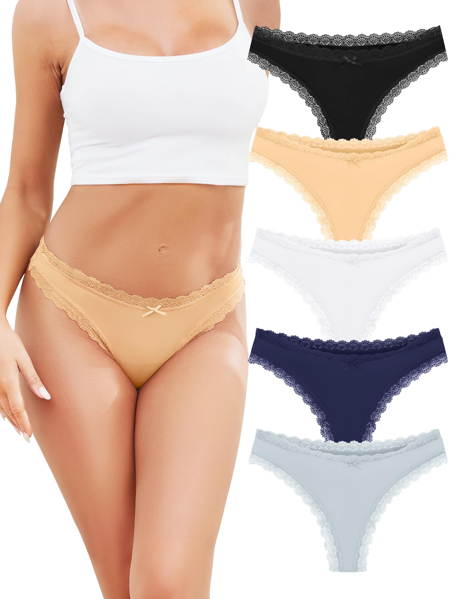 VOENXE String Tanga Damen Nahtlos Spitze,Seamless Slip Unterwäsche,Frauen Ohne Naht Sport Unterhosen,Unsichtbar Panty Mehrpack,Microfaser Atmungsaktiv Nahtlose,Women Seamless Thong Underwear, 5er-Pack