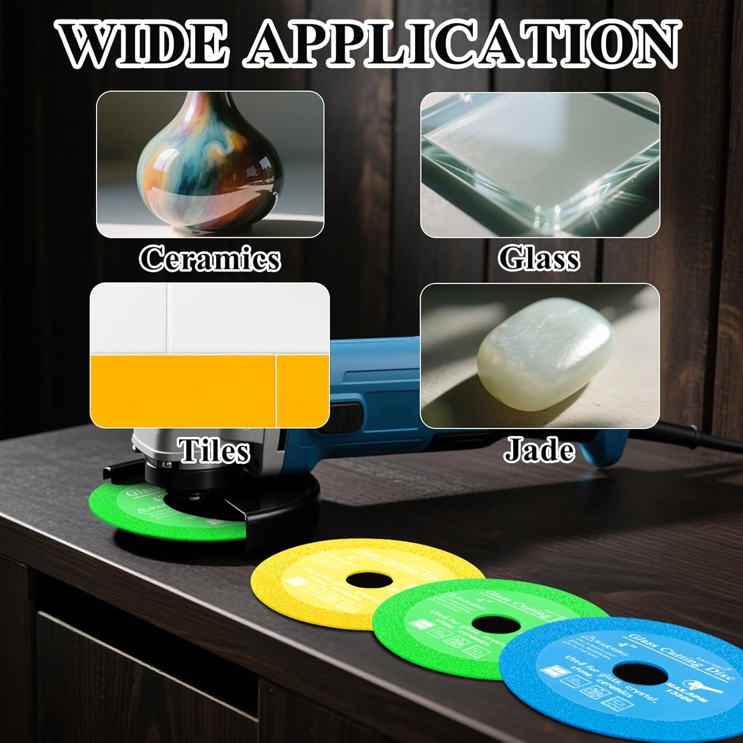 Lamoutor 6Pcs 4 Inch Glass Cutting Disc for Angle Grinder, Diamond Saw Blade, Tile Cutter Blade for Cutting Marble Glass Tile Jade Crystal（Green/Blue/Yellow/Black/Red/Orange）