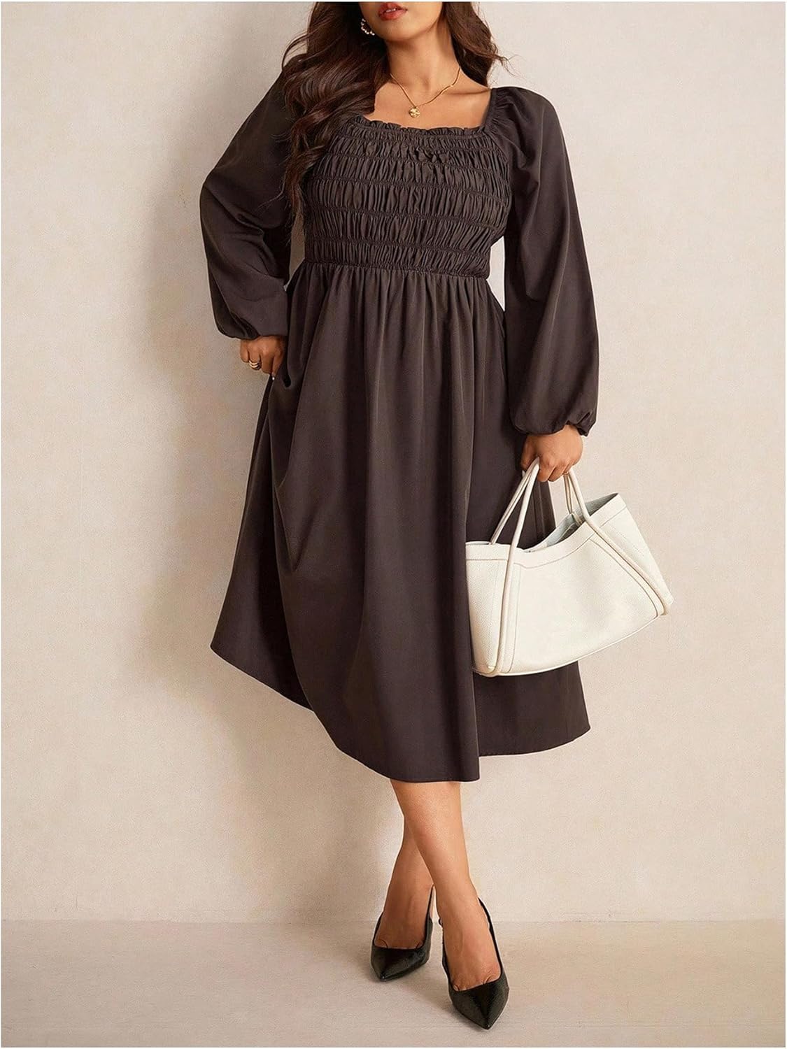 Women's Plus Size Shirred Dress Casual Ruched Square Neck Long Sleeve A Line Flowy Wedding Guest Party Midi Dresses - Image 4