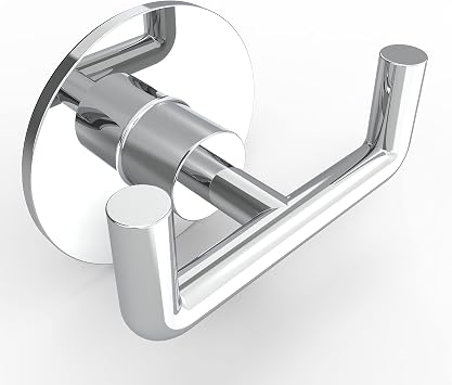 Ruacq Adhesive Double Towel Hook Chrome Round Base Bathroom Robe Self-Adhesive Towel Holder Hand Towel Hanger Stainless Steel and Zinc Alloy Modern Polished Chrome
