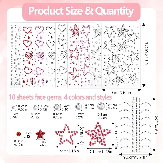 10 Sheets Face Gems Stickers, Festival Star Stick on Jewels for Body Hair