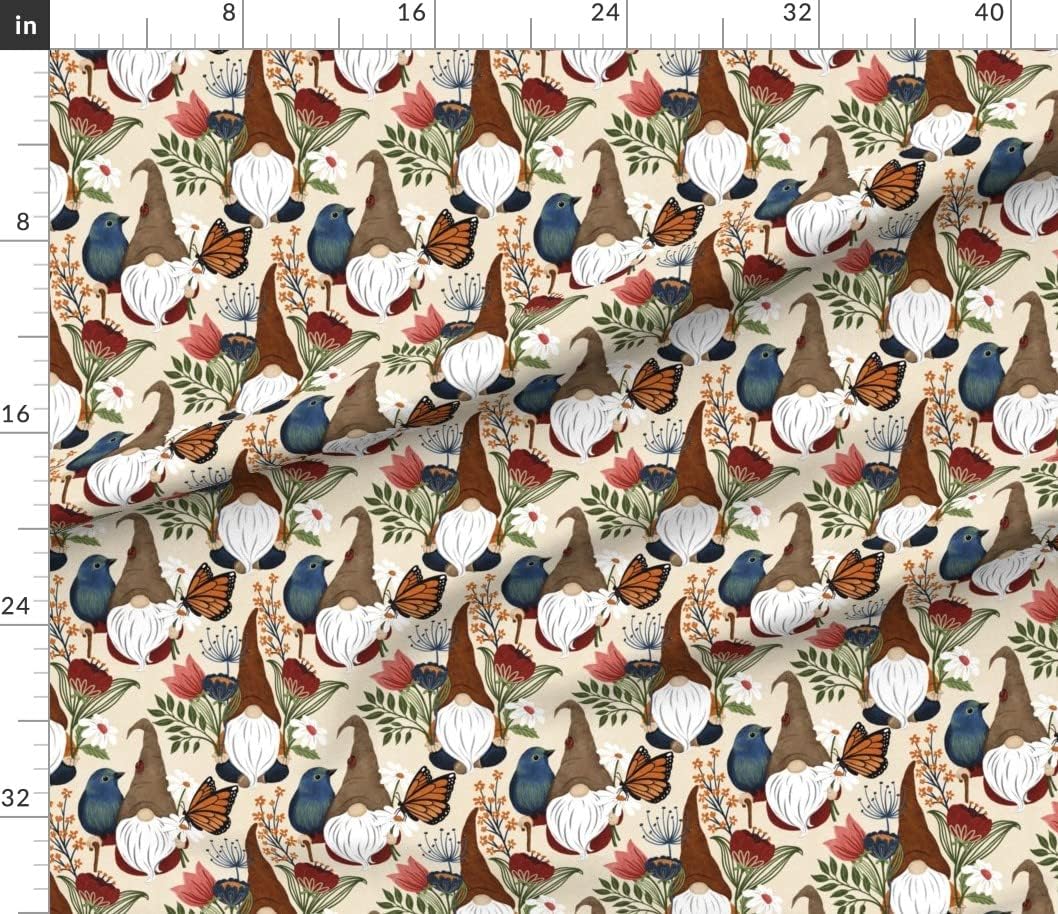 Spoonflower Fabric - Gnomes Flowers Butterfly Birds Garden Folklore Earth Tones Printed on Cotton Poplin Fabric by The Yard - Sewing Shirting Quilting Dresses Apparel Crafts