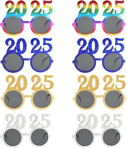 FYYZY Paquete de 8 lentes de Feliz Año Nuevo, decoración de gafas de Navidad, accesorios para cabina de fotos, suministros de fiesta de Año Nuevo