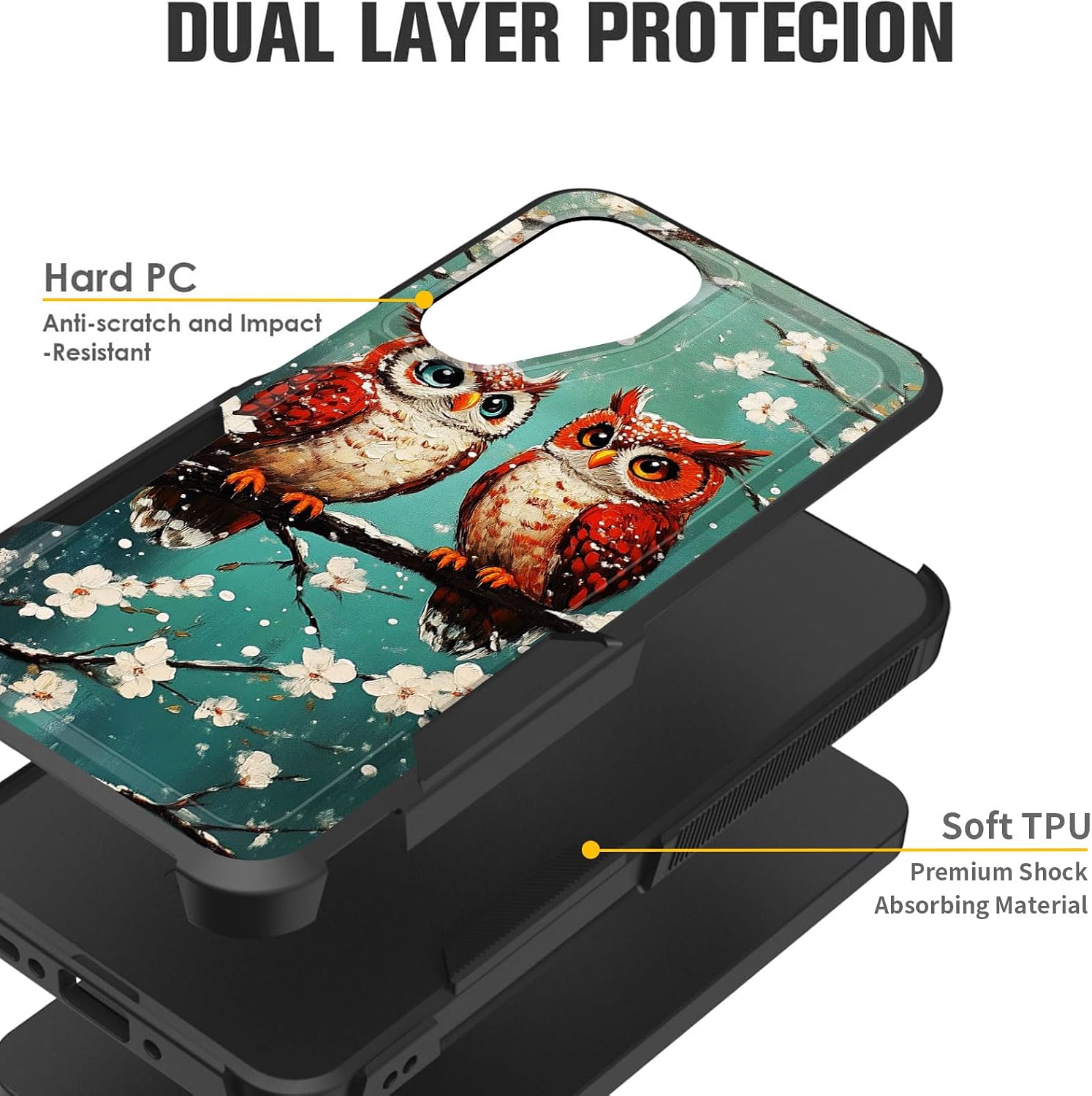 for Galaxy A17 5G Case,Dual Layer Heavy Duty Hybrid Shockproof Hard PC Soft Silicone TPU Bumper Protective Cover Case for Samsung Galaxy A17 5G 6.7 inch 2025,Two Owls on Blossom Branch thumbnail