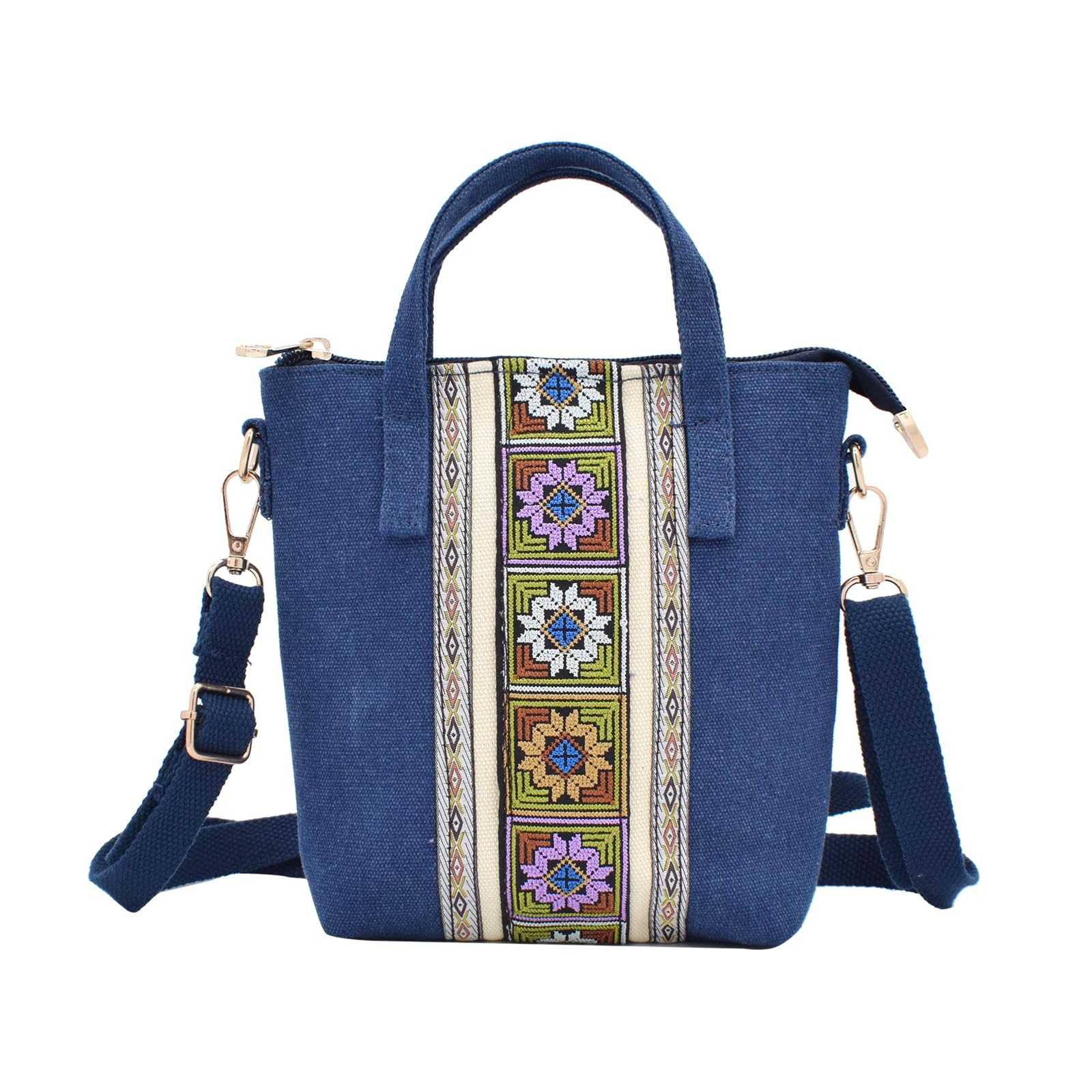 TeeYee Damen Klein Boho Canvas Umhängetasche Embroidery Mini Crossbody Bag Handtasche mit Abnehmbarer Schultergurt