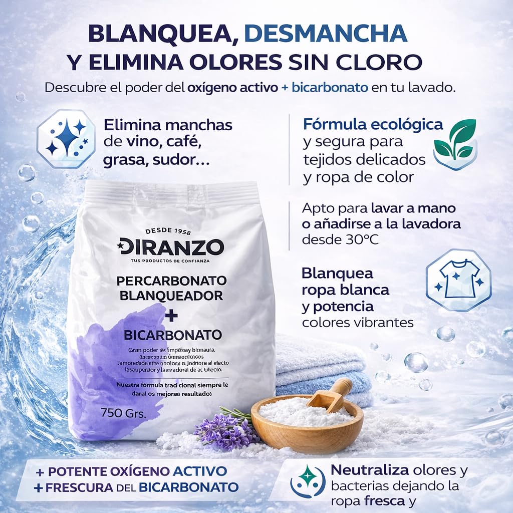 Percarbonato Blanqueador Diranzo Pack 6 unidades 750g x 6. Total 4,5 Kg, Quitamanchas, Blanqueante, Elimina Olores y Grasa. Apto Ropa blanca y Color. Elimina manchas difíciles