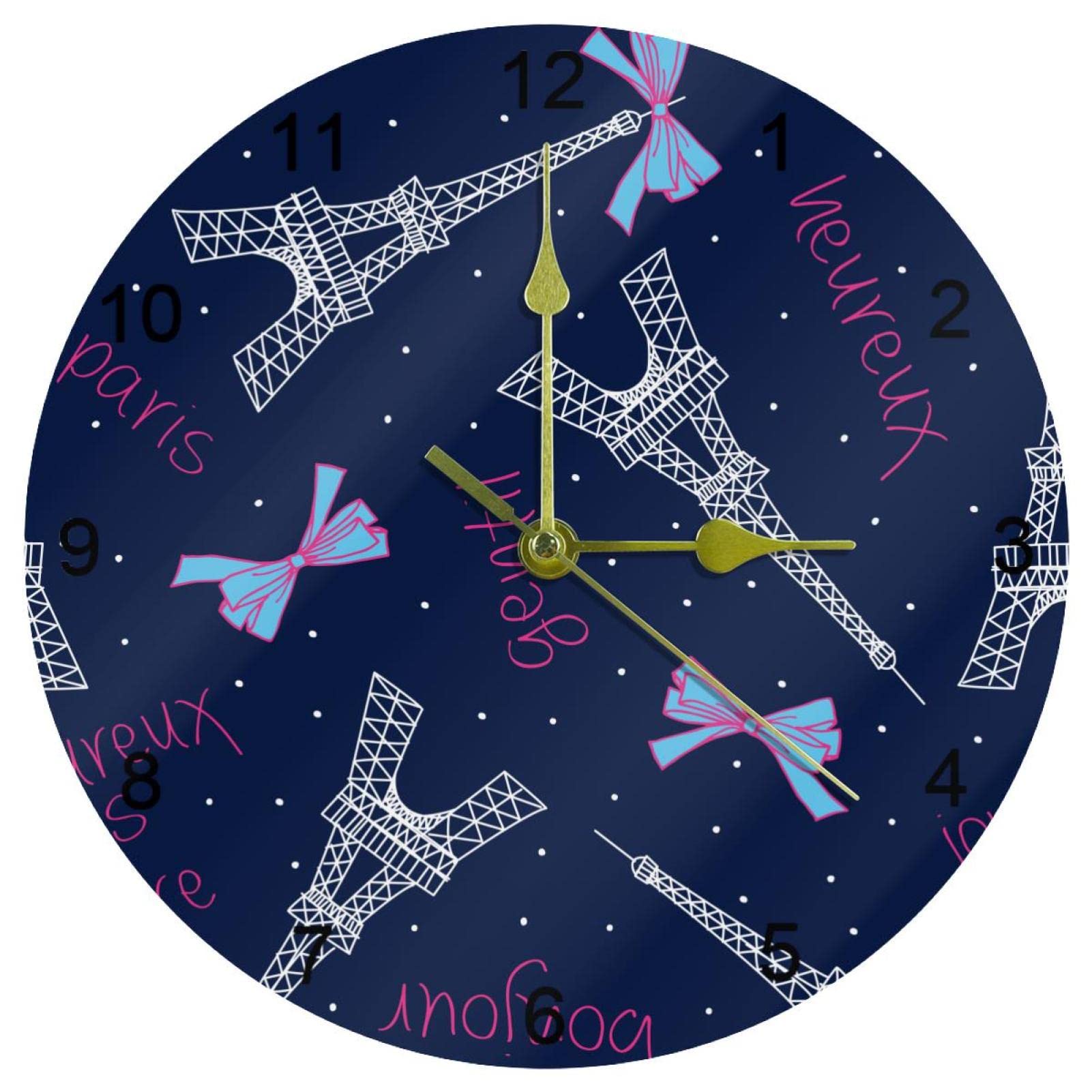 DEYYA 10 Inch Paris Eiffel Tower Bow Tie Navy Background Wall Clocks Silent Non-Ticking Arabic Numerals for Home/Kitchen/Office/School Clock