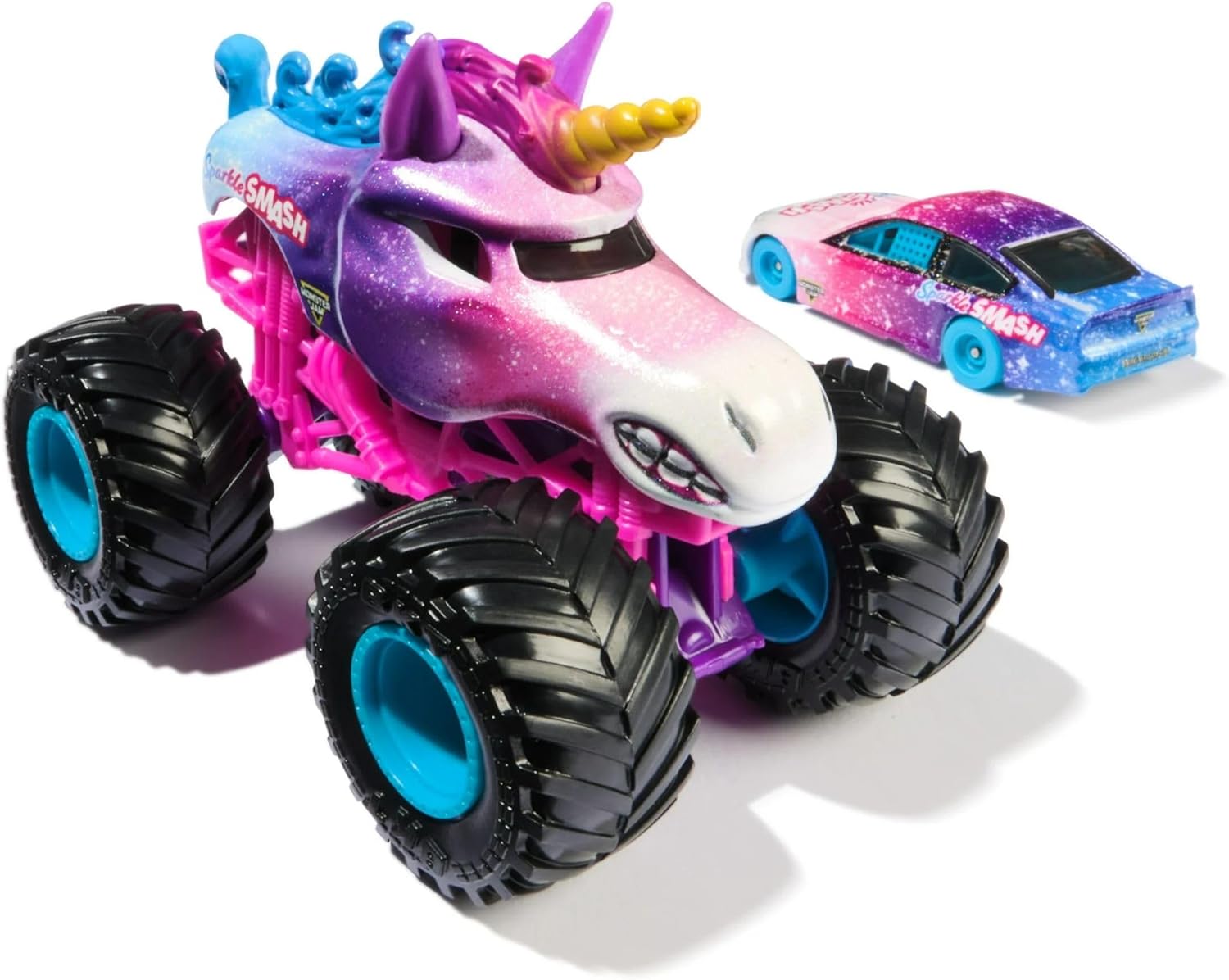 Monster Jam Official 1:64 Scale Diecast 2-Pack Series 6 Monster Truck and Race Car: Sparkle Smash
