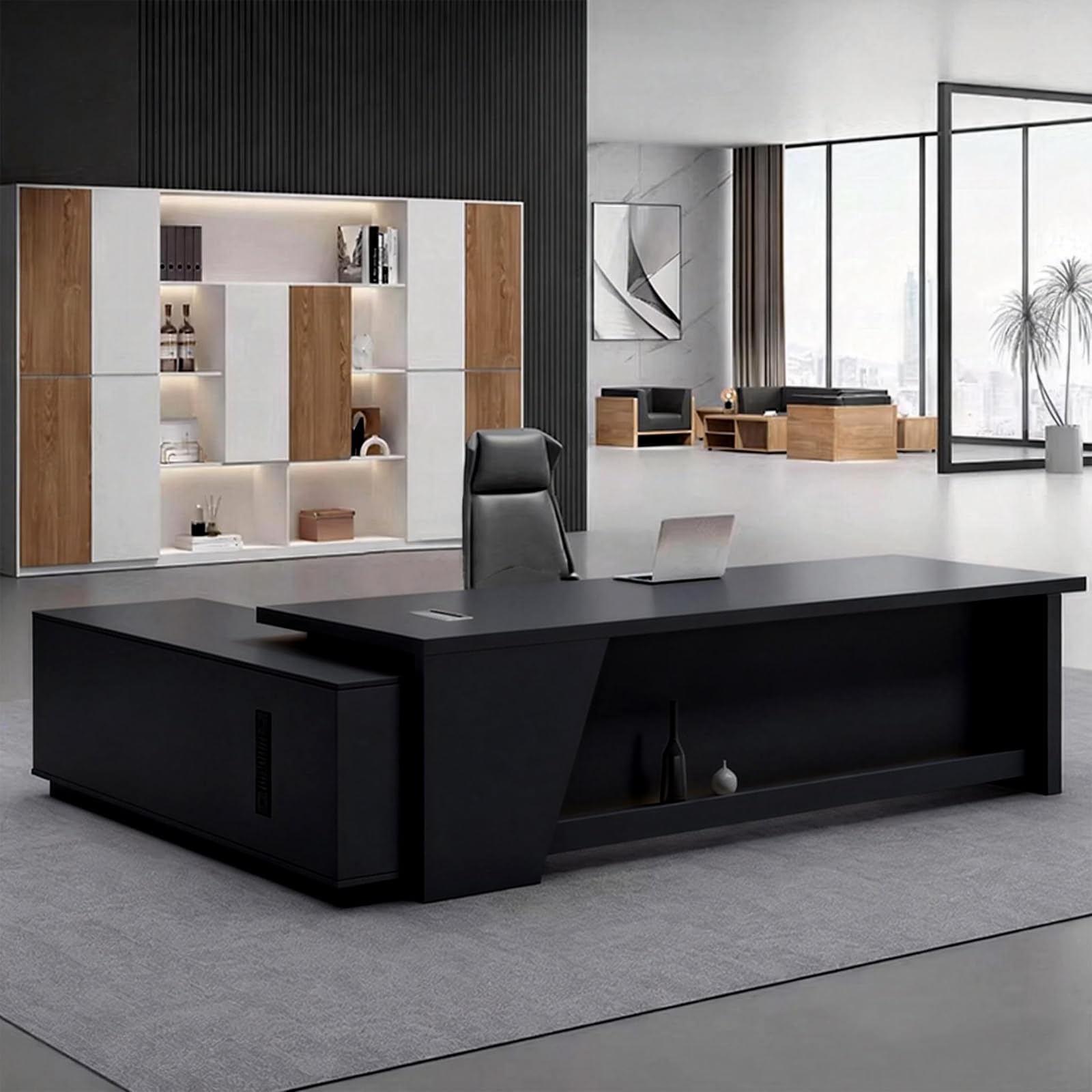 EQWZUPD Executive L Shaped Office Desk, 1'' Thick Tabletop, Solid Wood Board, with Side cabinets and Wire Holes, Drawer with Lock, for Executive Desks