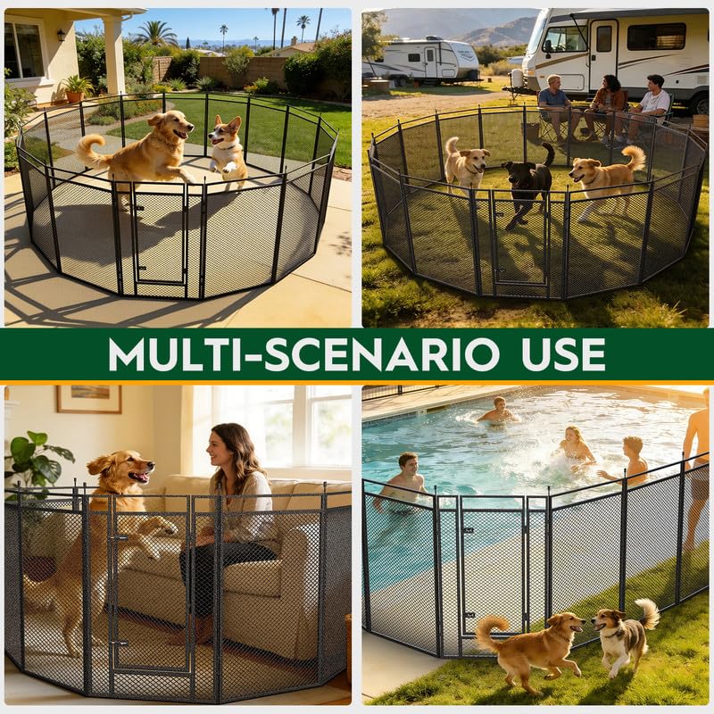 Image of Dog Playpen with Safety Mesh, 32 inch Height 24 Panels Metal Dog Fence Indoor Outdoor, Portable Dog Kennel for Camping, Yard & RV | Black-Silver
