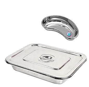 Stainless Steel Medical Reusable Instrument Tray (9'' X 6'') inch with lid & Kidney Tray 200mm (8” inch)