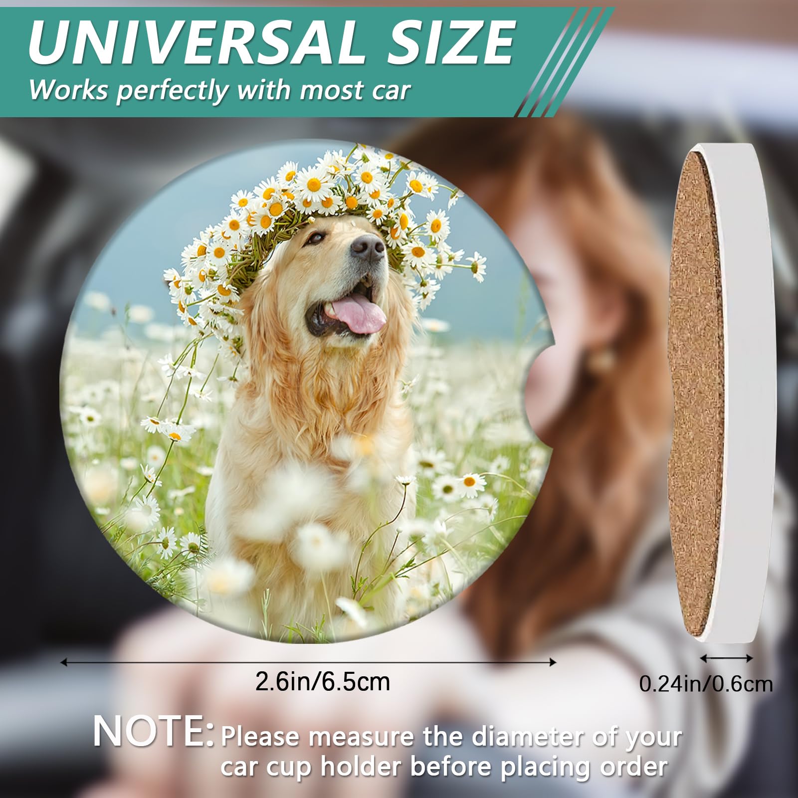 2 Pack Car Cup Holder Coasters - Dog Flower Absorbent Ceramic Coaster Car Coasters for Cup Holders Car — view 2