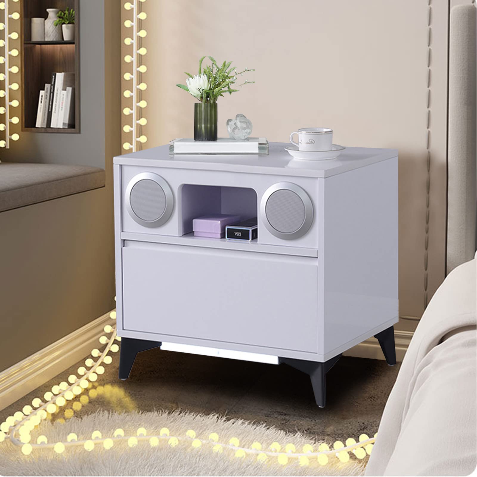 Buy Bedroom Smart Nightstand End Table with LED Light & Drawer, Modern