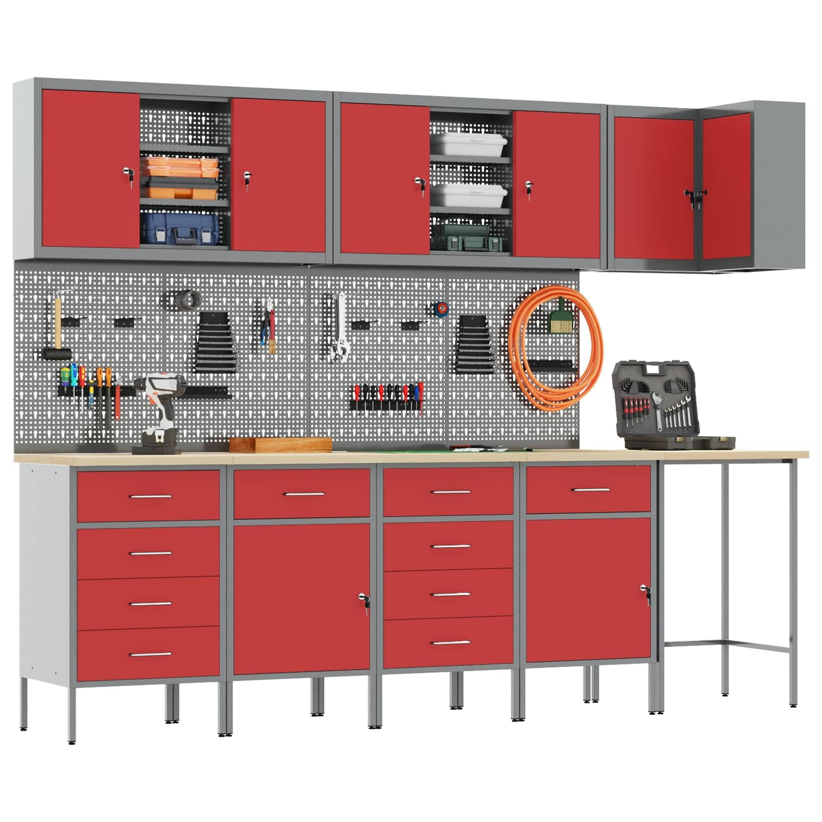 Arbeitsschrankset mit Schubladen und Regal 12-teilig rot grau pulverbeschichteter Stahl Engineering-Holz 255x55x220 cm mit Werkzeughalter Haken Wandmontage für Werkstatt Ordnung