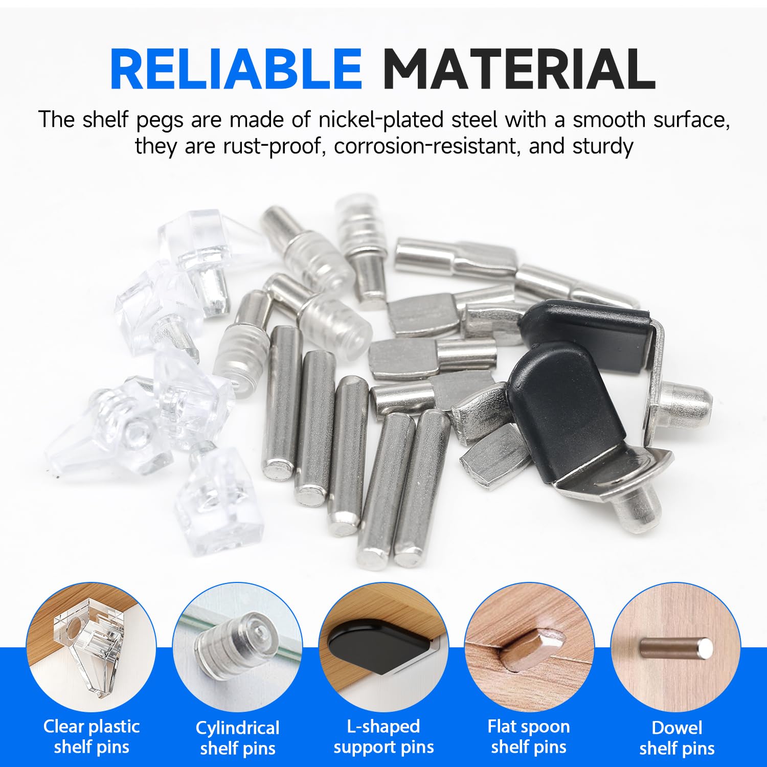 121PCS Cabinet Shelf Support Pegs Kit 5 Styles Pins for Wood Shelving Nickel Plated Shelf Holders Peg for Shelves (5mm 6.35mm) YY029-Kit — Amazon image 3