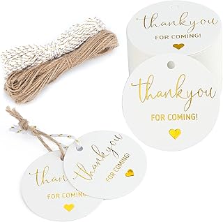 joycraft 100Pcs Thank You for Coming Tags,White High-end Cardstock Tags with String,Round Gold Font Favors Labels,Personalized Gift Tags for Baby Shower,Bridal Shower,Party and Gift Wrapping