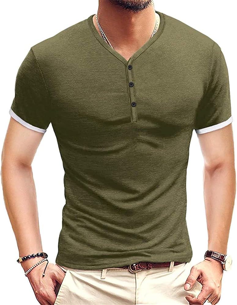 Men's V-neck Henry Short Sleeve Buttons Placket Plain T Shirts