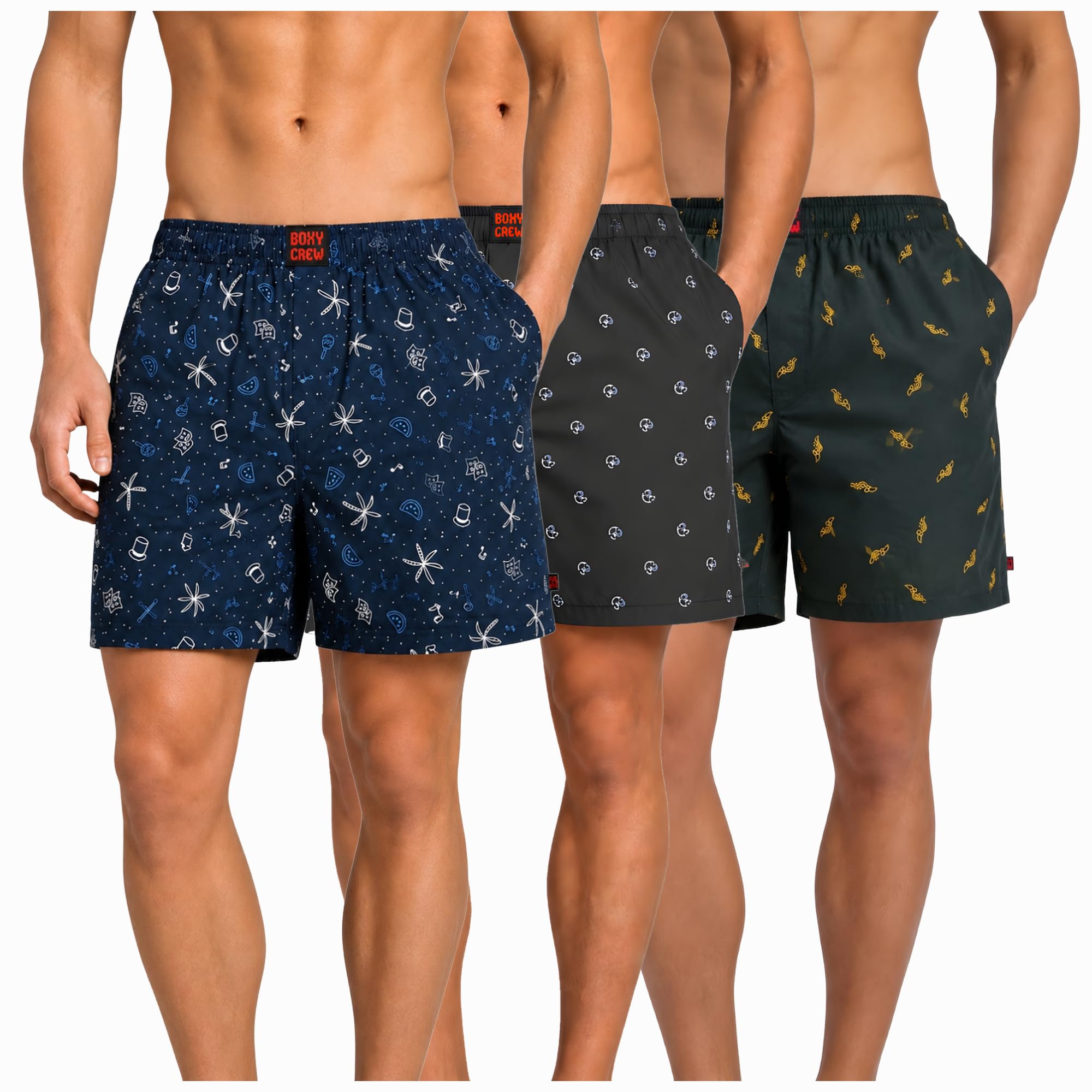 Men's 100% Cotton Boxer Shorts Pack of 3, Navy Blue, Navy Blue & Dark Teal | Woven Boxers with Side Pockets, No-Marks Elastic Waistband, Breathable Relaxed Fit | Style 007-009-010-image-46