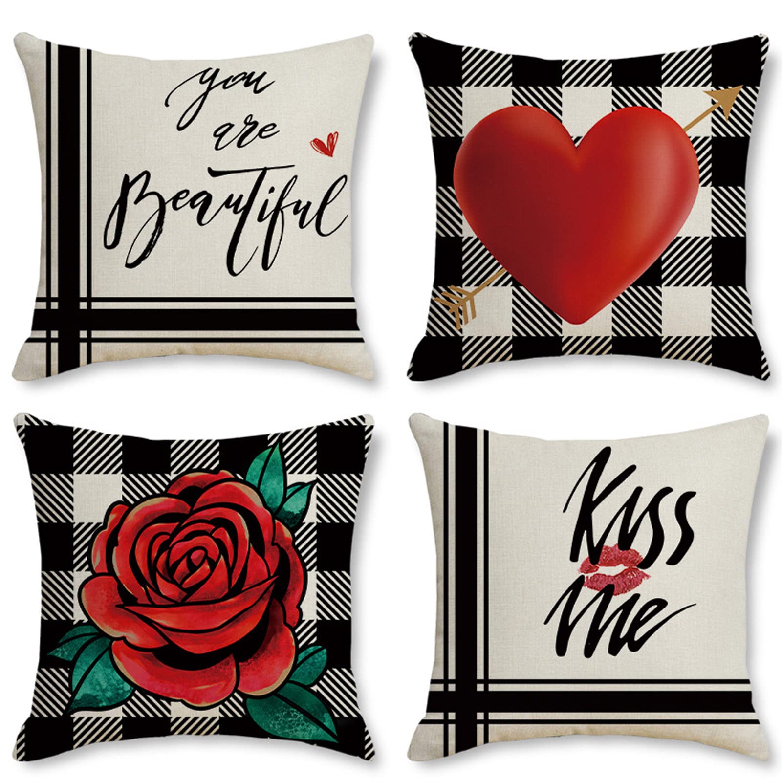 Valentinstags-Kissenbezüge Set – 2x 45,7 Cm Mit Roten Herzen Auf Schwarzem Aquarell-Streifen