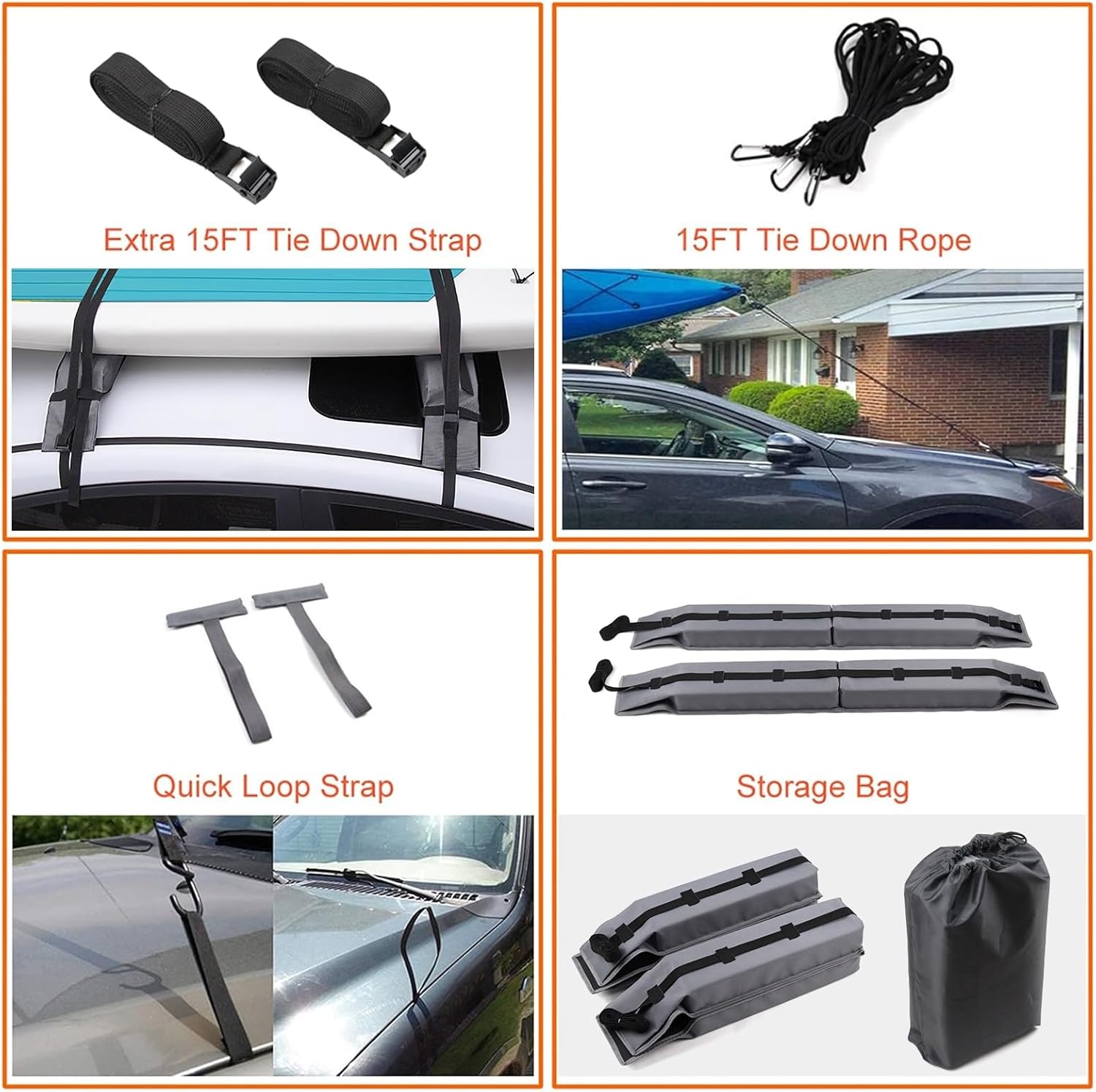 Roof Rack, 1 Set Universal Car Soft Roof Rack Pads, Luggage Carrier System for Kayak Surfboard Canoe, Include 2 Heavy Duty Tie Down Straps, 2 Tie Down Rope, 2 Quick Loop Strap 1