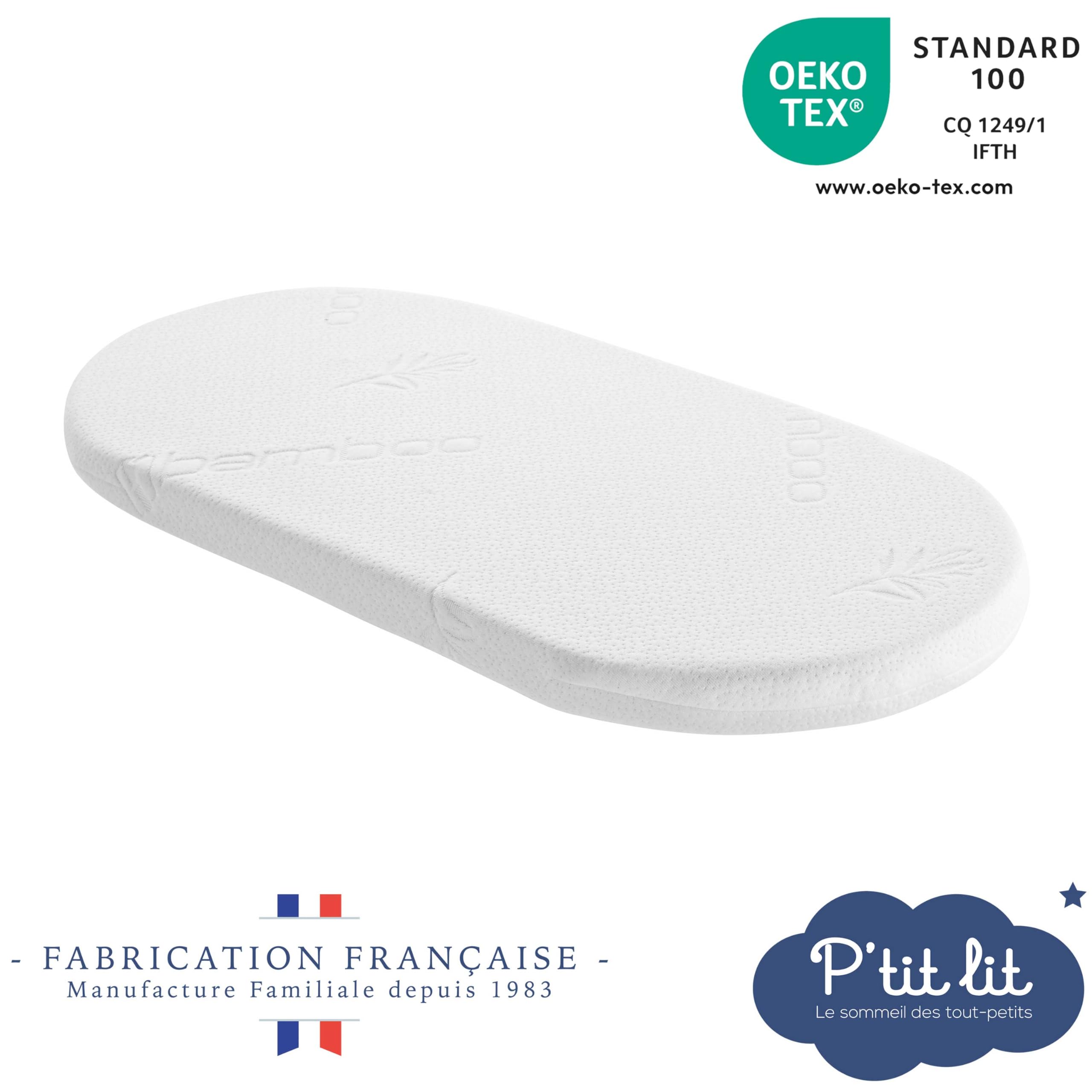 P'TIT LIT - Matelas de Couffin Bamboo - 72x32 cm - Viscose Douce et Soyeuse pour Bébé - Idéal Landau Nacelle et Berceau - Forme Ovale - Réversible - Déhoussable - Fabrication Française
