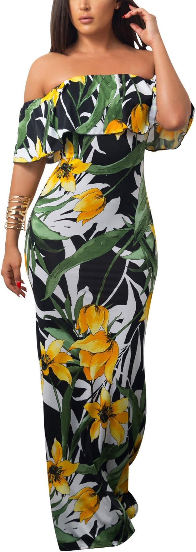 Suimiki Vintage Ruffle Plain Floral Printed Off Shoulder Bodycon Long Party Maxi Dress