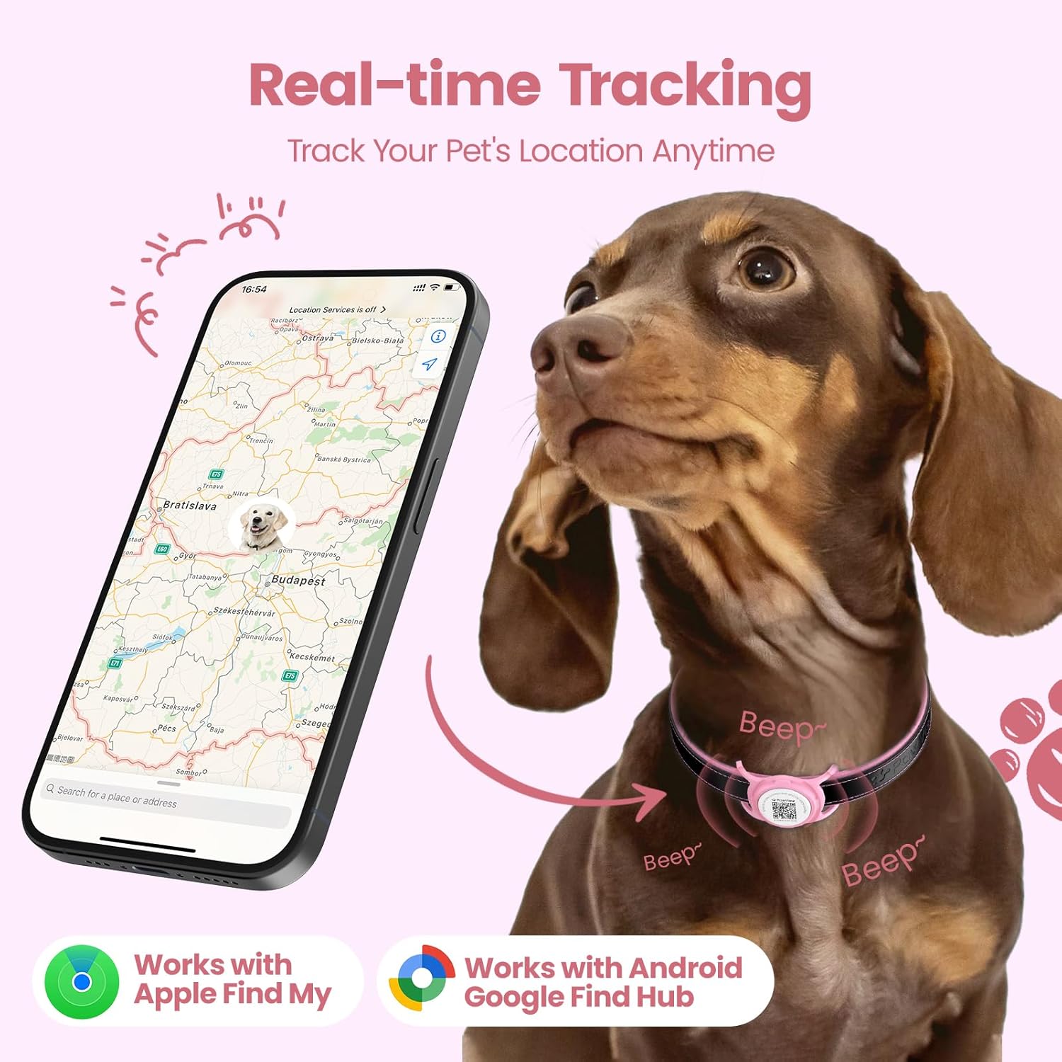 Smart Dog Tracker for Collar, for iOS & Android, Pet Location Tracker with Holder, No Monthly Fee, Real-Time Location Updates, IPX6 Waterproof, 365 Days Battery Life, GPS Dog Tracker, Pink