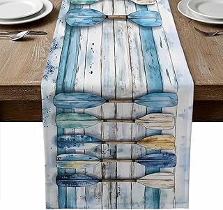 Lake Paddle Striped Table Runner, Washable Cotton Linen Table Runners 120 Inches Long, Watercolor Vintage Wood Grain Dresser Scarf Runner for Dining/Living Room/Kitchen/Square Tables 13''x120''