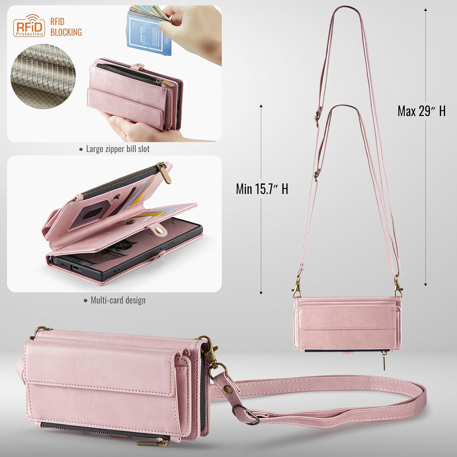 Phone Case for Samsung Galaxy A53 5G Zipper Wallet Cover with Screen Protector and Crossbody Lanyard Strap Flip RFID Blocking Card Holder Cell A 53 G5 53A SM A536U 6.5" 2022 Women Men Rose Gold