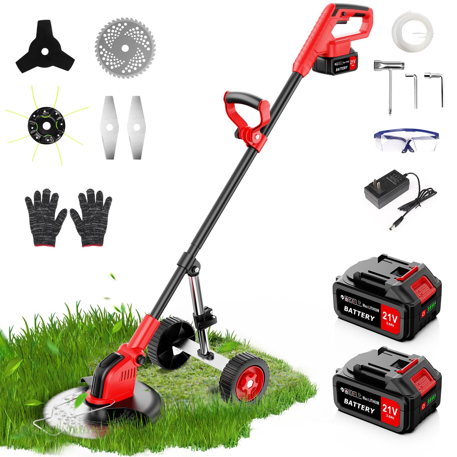 21V Cordless Grass Trimmer with 6.0Ah Battery & 4 Blades, 9 Inch Telescopic Electric Garden Strimmer with Detachable Wheels, Lightweight Battery Strimmer for Garden Lawn Trimming