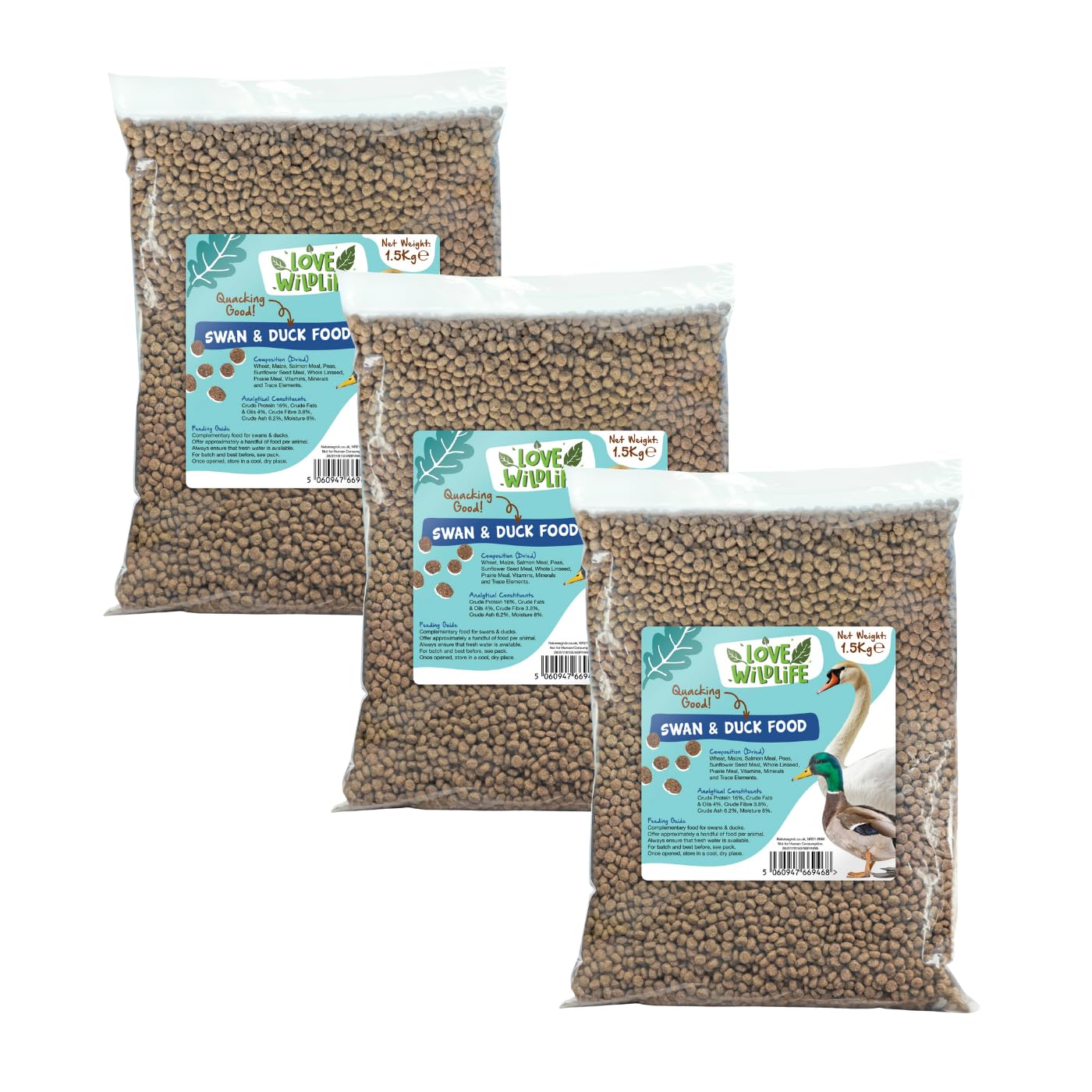 Love Wildlife Swan & Duck Food 3 x 1.5kg | Premium Complete Dry Food Pellets for Waterfowl, Natural Floating Mix, High in Protein, Vitamins & Minerals, Nutritious Alternative to Bread, Made in the UK