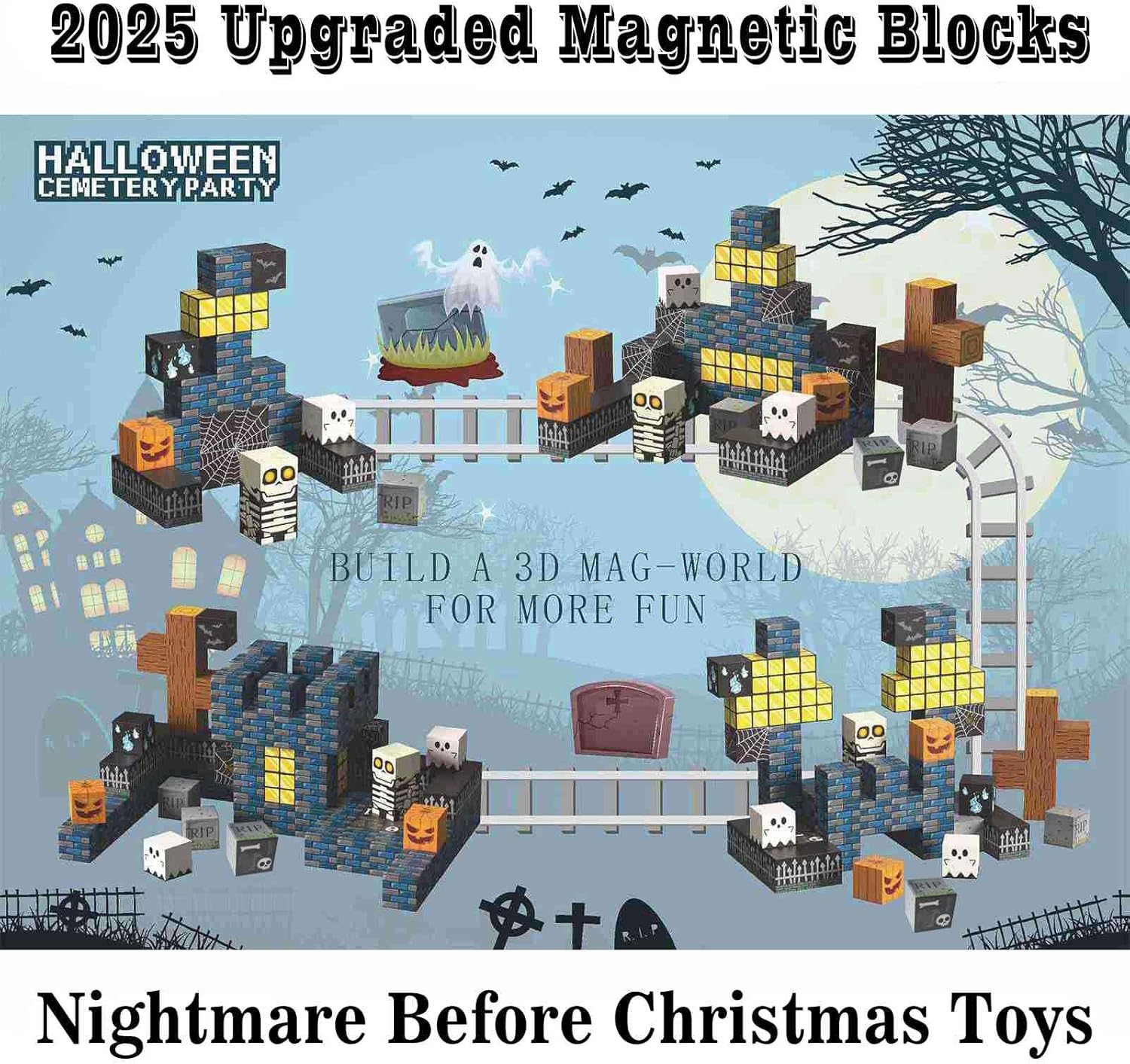 Magnetic Blocks Kids Skeleton Toy Spooky Town Building Magnetic Tiles Halloween Themed Toys Gift for Boys Girls & Adults