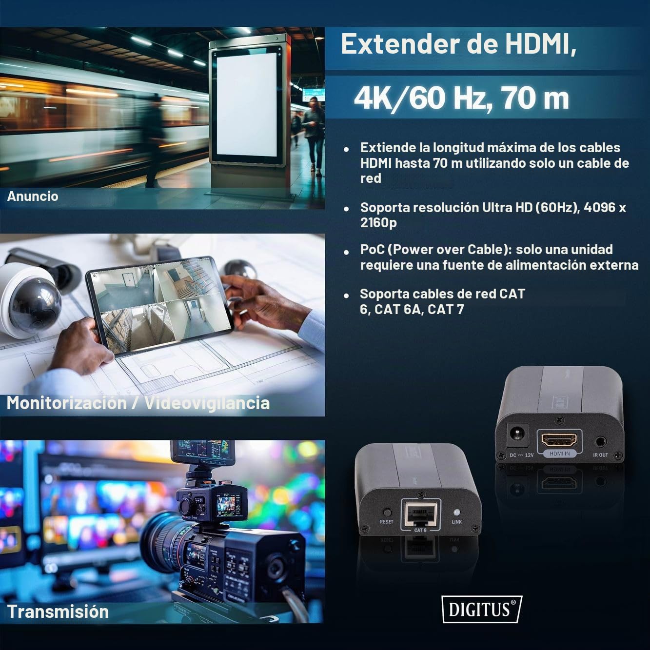 Digitus Set Di Estensori Hdmi 4k, 4k/60hz (4khdmiextenderset 4k2k/60hz - 4k Hdmi 30/60 M Cat 6 6a 7) | 70 m a través de cable LAN a partir de CAT 6 – Juego de emisor y receptor – Infrarrojos (IR) – Alimentación por cable