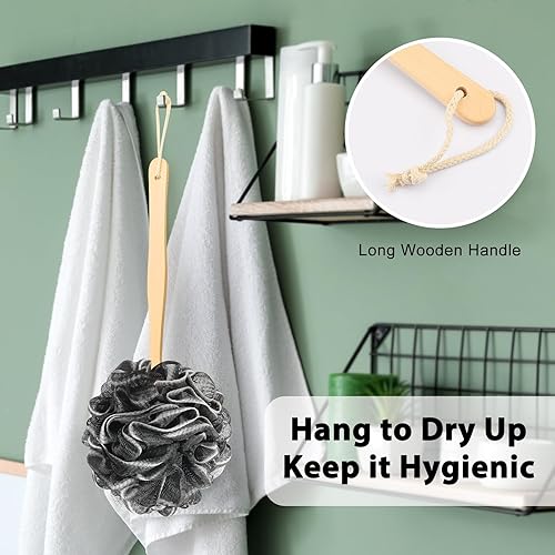 Miniatura 6 de Luffa de malla suave de polietileno con mango de madera hecho de material suave y duradero para la espalda para ducha para mujeres y hombres con
