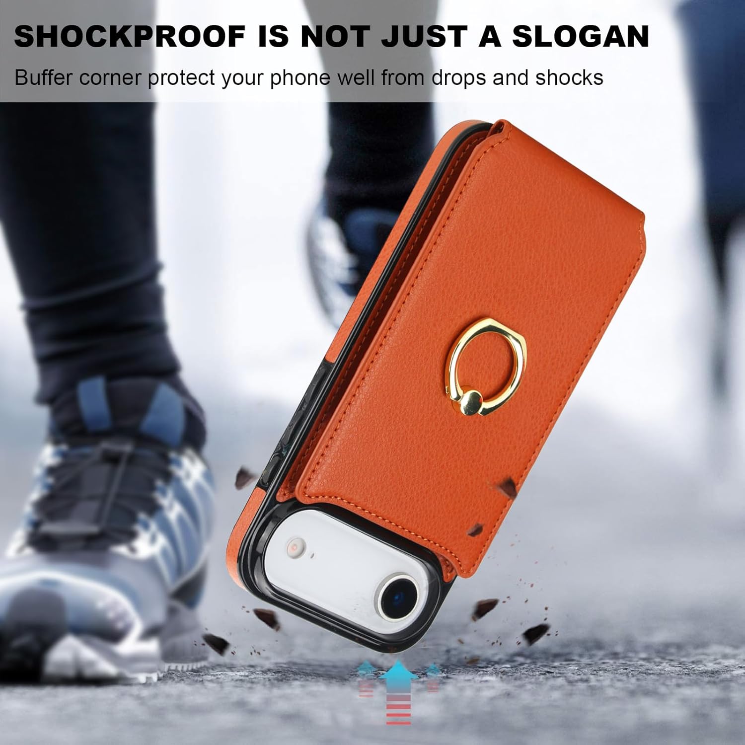 Folosu Compatible with iPhone 17 Air Case Wallet with Card Holder, 360°Rotation Finger Ring Holder Kickstand, RFID Blocking Leather Protective Double Buttons Shockproof Cover 6.5 Inch Brown