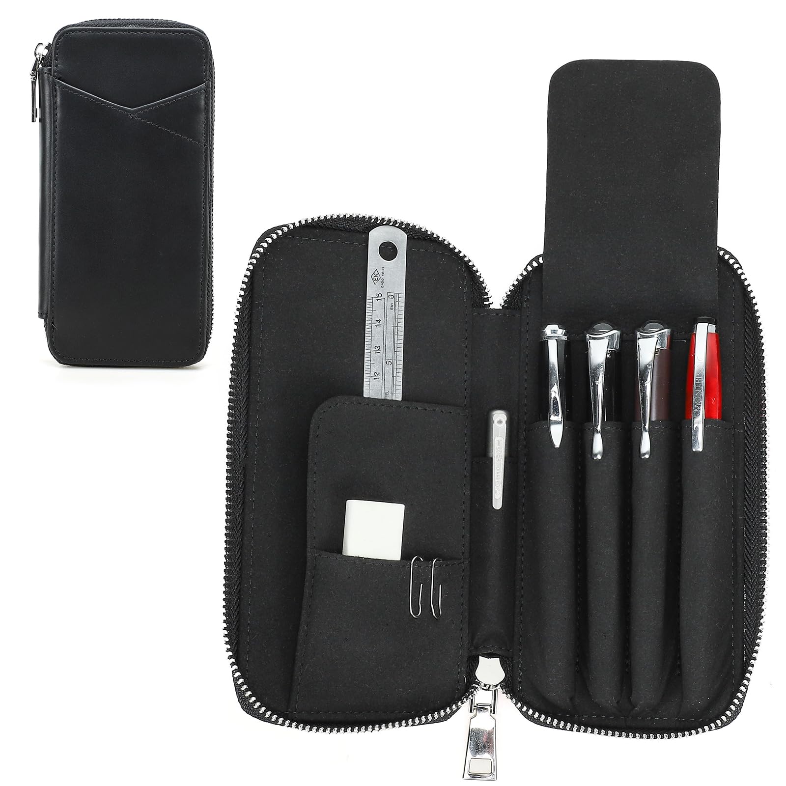 CONTACT'S FAMILY Leather Pencil Pouch, Vintage Zippered Stationery Organizer, Pens, Pencils, and Accessories Handmade Multi-Purpose Utility Case (Black)
