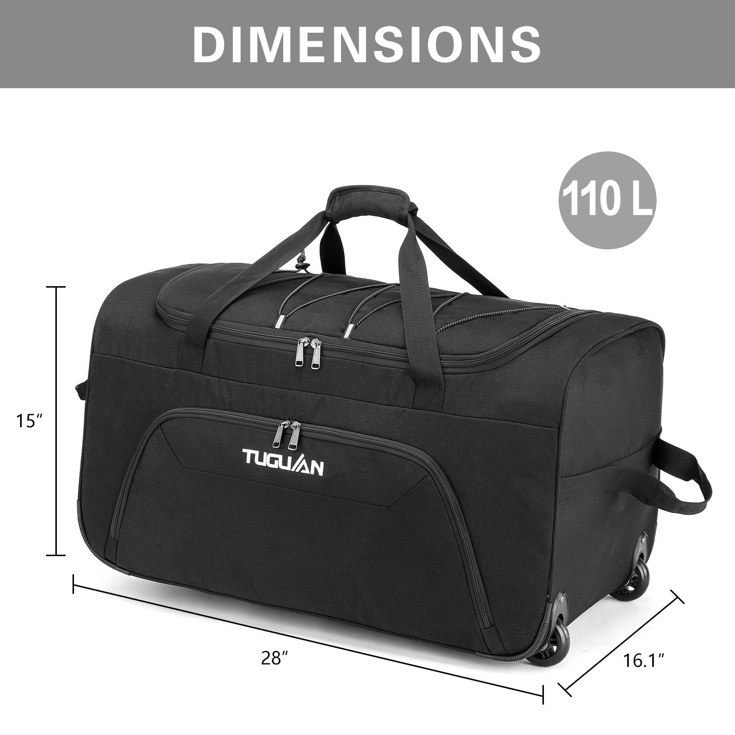 TUGUAN Sac de Voyage Pliable avec roulettes, Sac de Sport à roulettes de 110 L, Grande Sac de Voyage élastique, 71 cm de Large, Pliable et Pliable pour Voyage, Camping, Grand - Noir, 28 inch