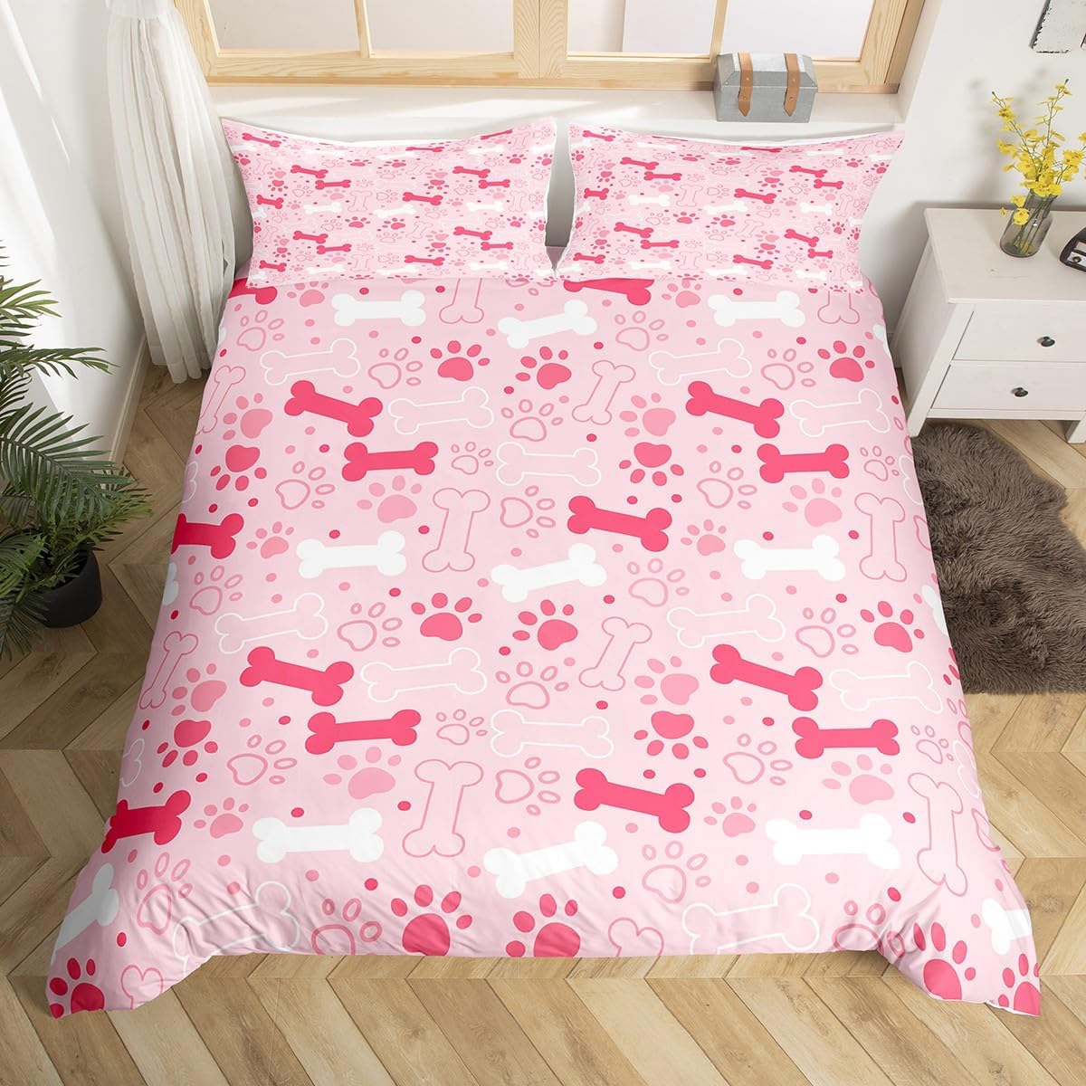 Erosebridal Pink Dog Paw Bedding Set,Lovely Bones Duvet Cover Toddler Size for Kids Boys Girls,Cartoon Puppy Footprints Bed Set,Pets Quilt Cover with 1 Pillowcase Bedroom Decor