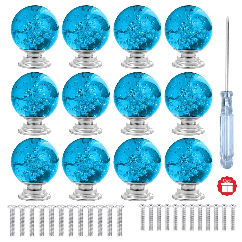 12 Pcs 30mm Round Shape Bubble Crystal Glass Cabinet Knobs with Screws Drawer Knob Pull Handle Used for Kitchen, Dresser, Door, Cupboard(Azure)