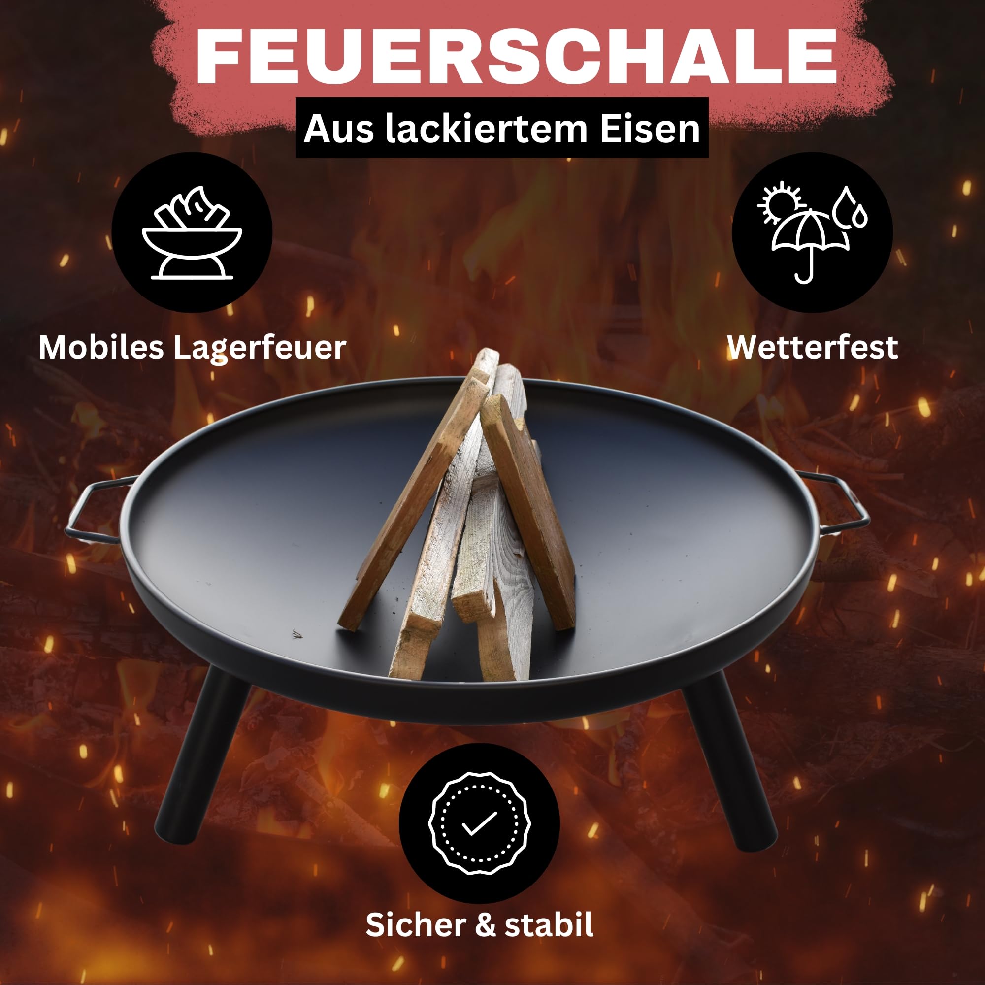 Feuerschale Feuerstelle Ø 60 cm aus lackiertem Eisen mit 2 Tragegriffen feuerfest