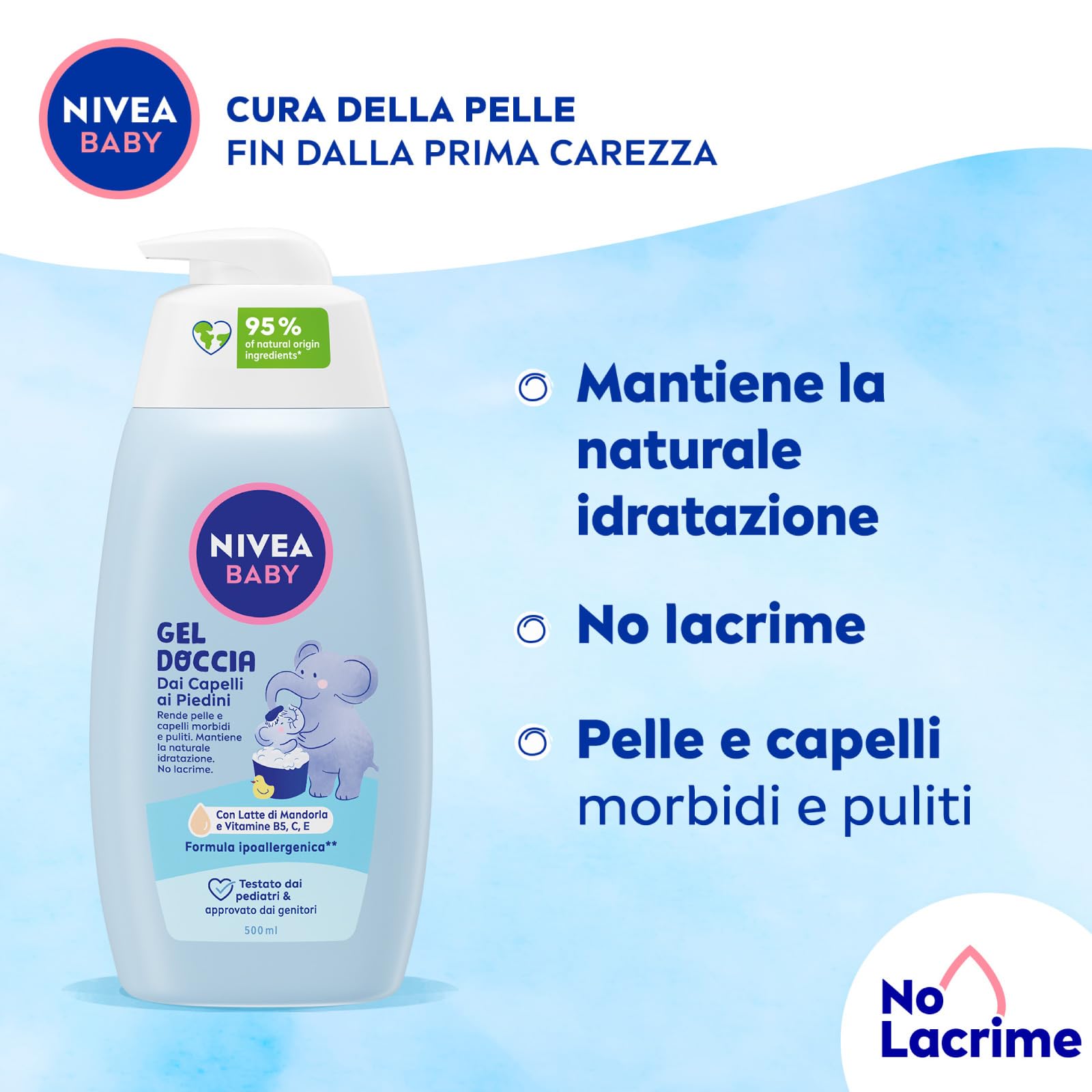 NIVEA Baby Reiniger für Haare an den Füßen, Baby-Shampoo für Körper und Haare, mild und hypoallergen, Reiniger mit natürlicher Ringelblume – 5 Flaschen à 500 ml