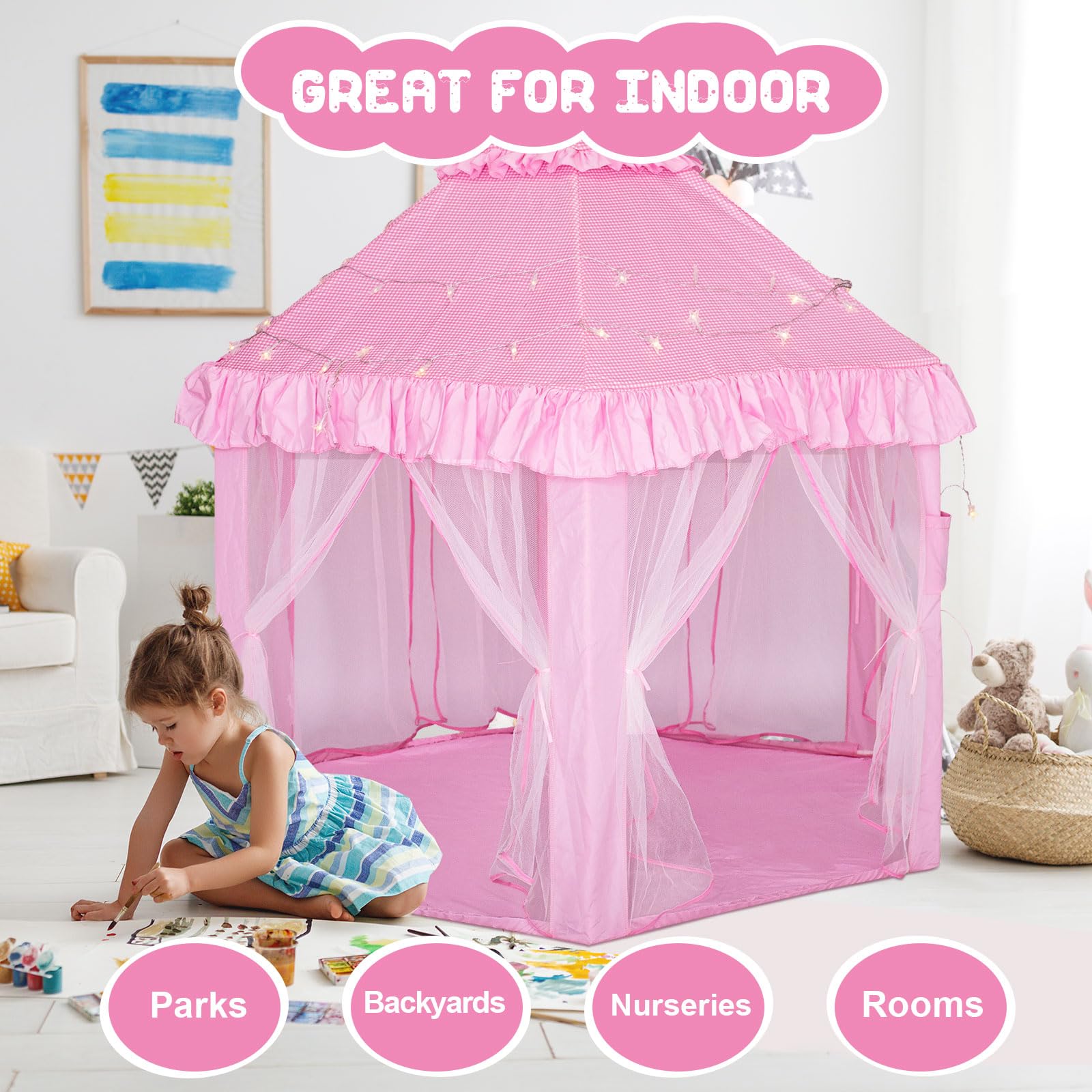 Tenda da gioco per bambini per ragazze - Tenda da gioco del castello della principessa, casa da gioco pop-up per interni e per esterni con luci stellari per bambini, regali per bambine da 3 a 9 anni