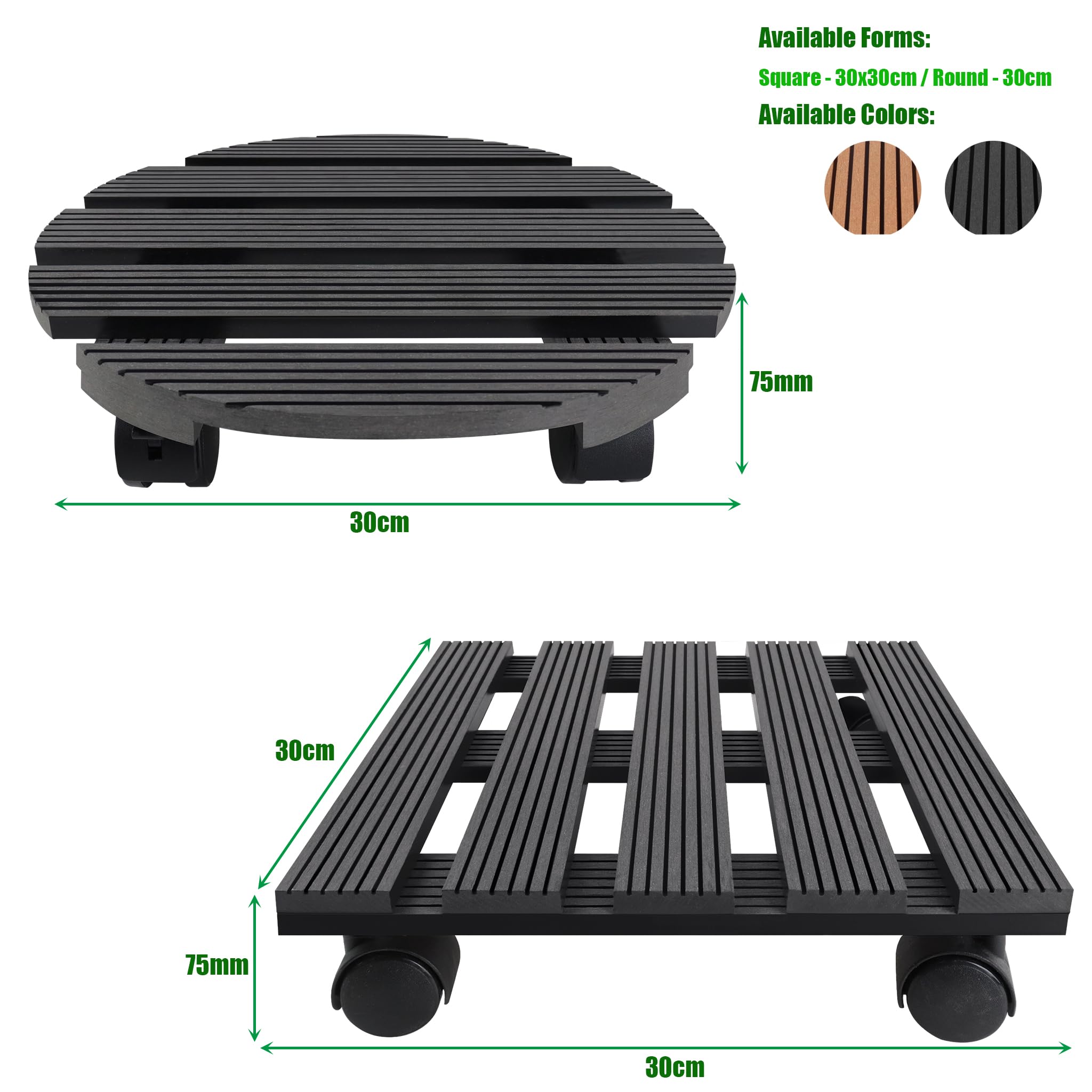 Lot de 2 roulettes pour plantes d'extérieur - Diamètre : 30 cm - Soucoupe avec roulettes pivotantes à 360 ° - Planche à roulettes jusqu'à 100 kg - Pour pied de parasol, poubelle, citerne de